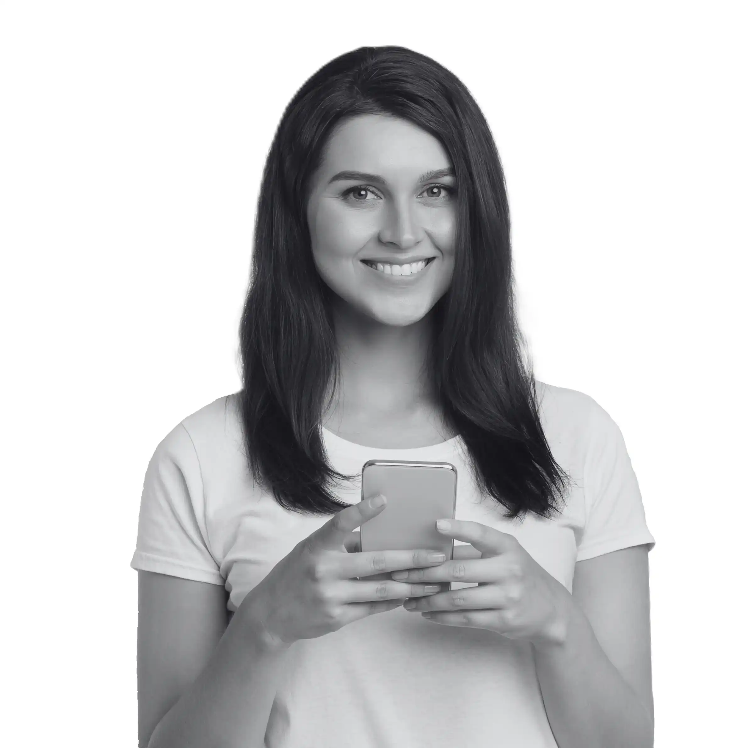 A woman holding her phone confidently, used to reinforce the value Indosoft provides as a more flexible platform than Vonage. Smiling person holding a smartphone, used to illustrate why teams move from Vonage to Indosoft for stronger customization and routing.