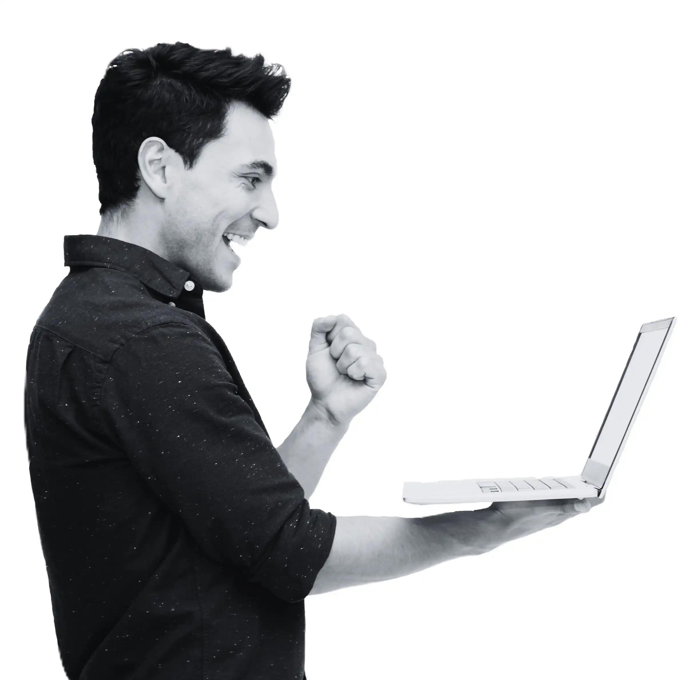 The enthusiastic gesture symbolizes how Indosoft empowers organizations with more adaptable workflows and deeper automation strength than Sonetel. Excited user holding a laptop and making a celebratory gesture, symbolizing the upgrade from Sonetel to Indosoft’s flexible communication platform.
