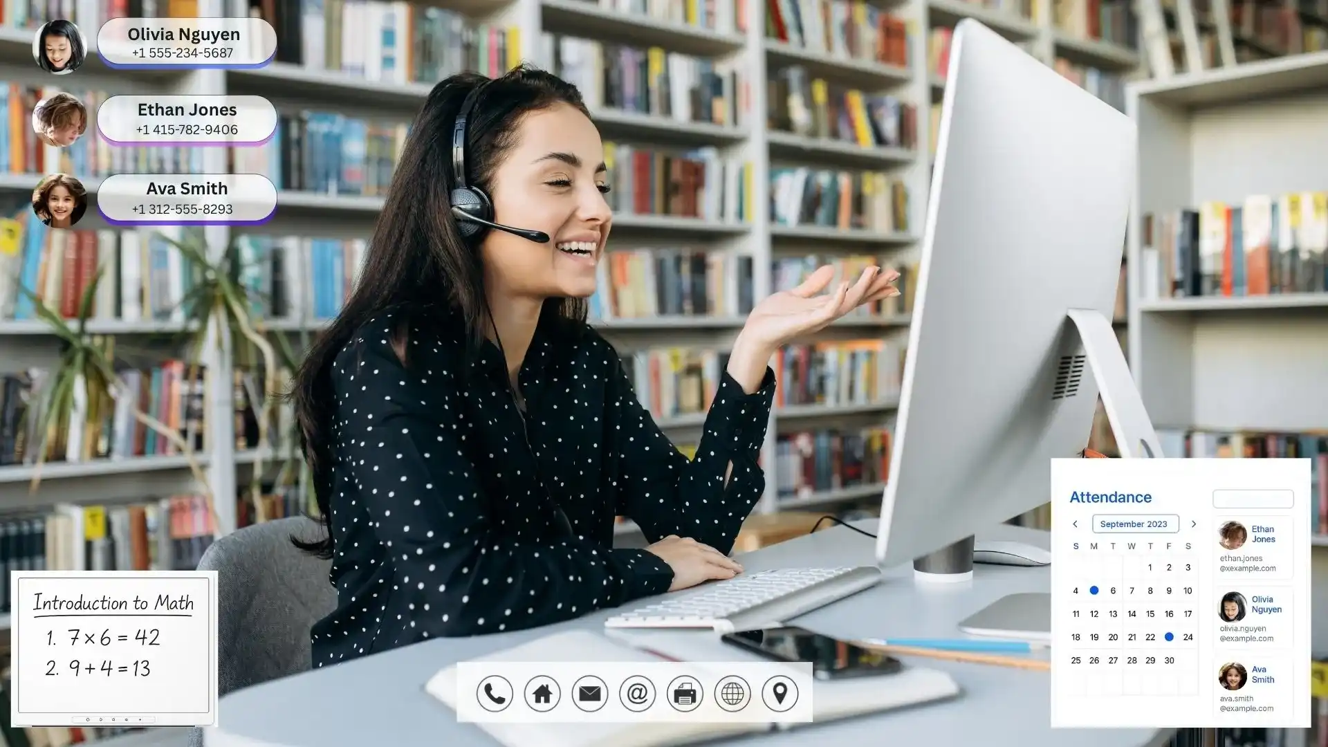 Teacher using Indosoft’s education solution to conduct an online class with student profiles, attendance, and a digital whiteboard. Teacher using Indosoft’s education solution to conduct an online class with student profiles, attendance, and a digital whiteboard.