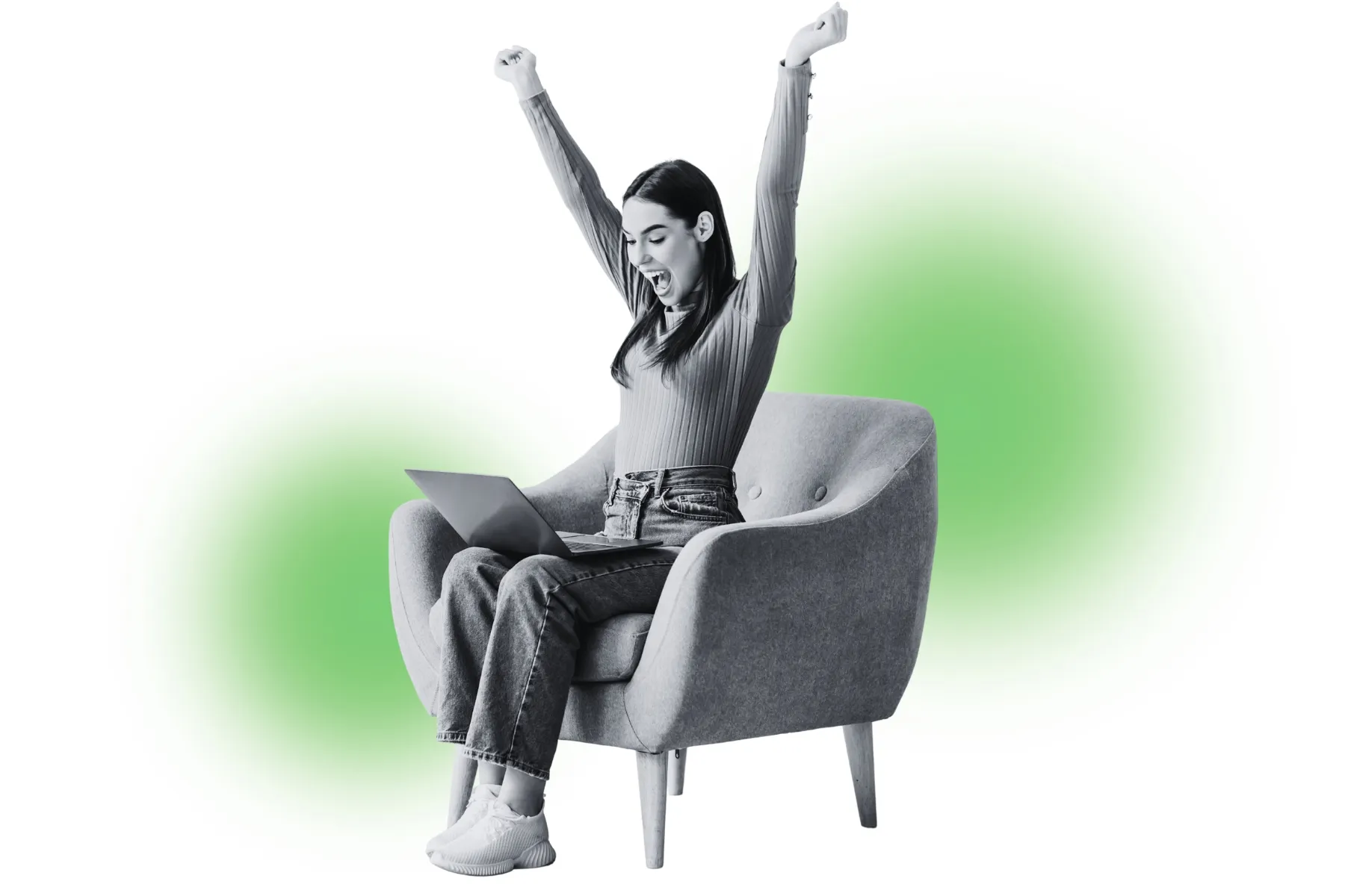 The image captures an agent celebrating success after reviewing performance results. Indosoft helps contact centers set aspirational benchmarks and track progress with real-time analytics. Agent celebrating performance success after meeting contact center benchmarks using Indosoft