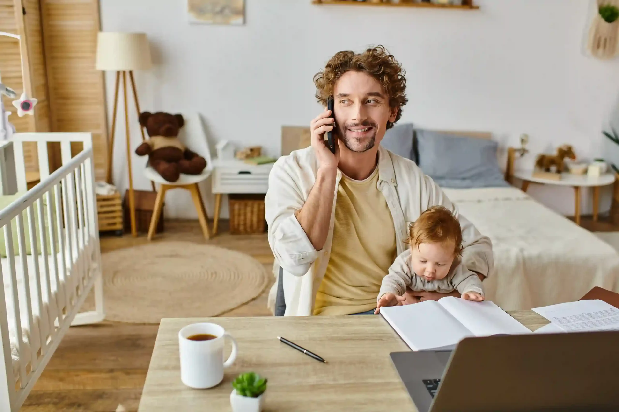 A customer discusses an issue over the phone at home while reviewing notes, illustrating how recorded call history makes it easier to confirm details and settle disputes. A parent balances a phone call while caring for a child at home, relying on previously recorded conversation details to resolve a banking dispute quickly and with confidence.