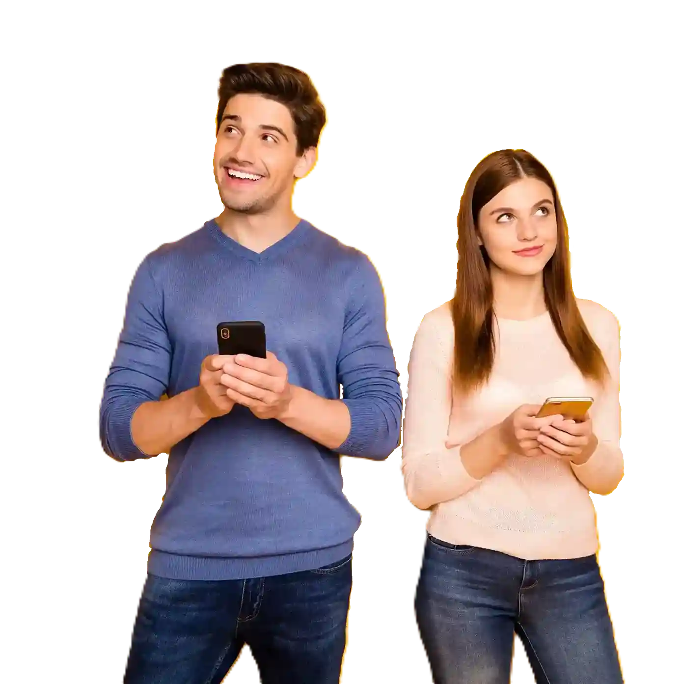 Two people calmly checking their phones, reflecting a smooth, uninterrupted call experience made possible with Indosoft’s call hold feature. Two individuals waiting comfortably while using their phones, representing a clear and well-managed call hold experience powered by Indosoft.