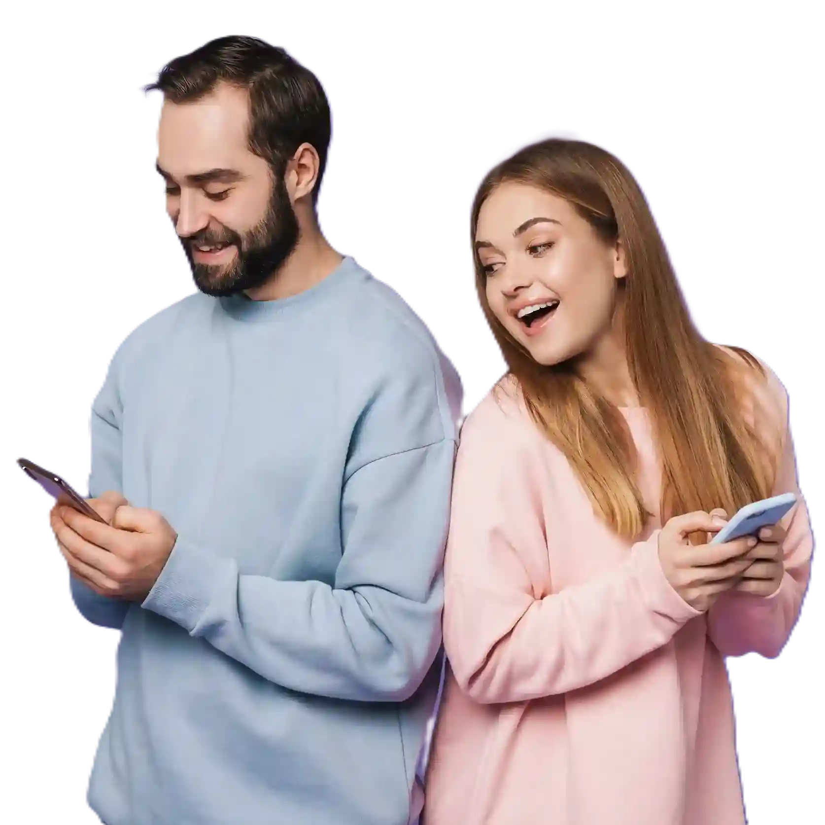 Two users smile while using their phones, symbolizing safe, masked communication supported by Indosoft. Two professionals check their phones with confidence, reflecting how Indosoft helps teams connect securely using call masking without exposing real numbers.