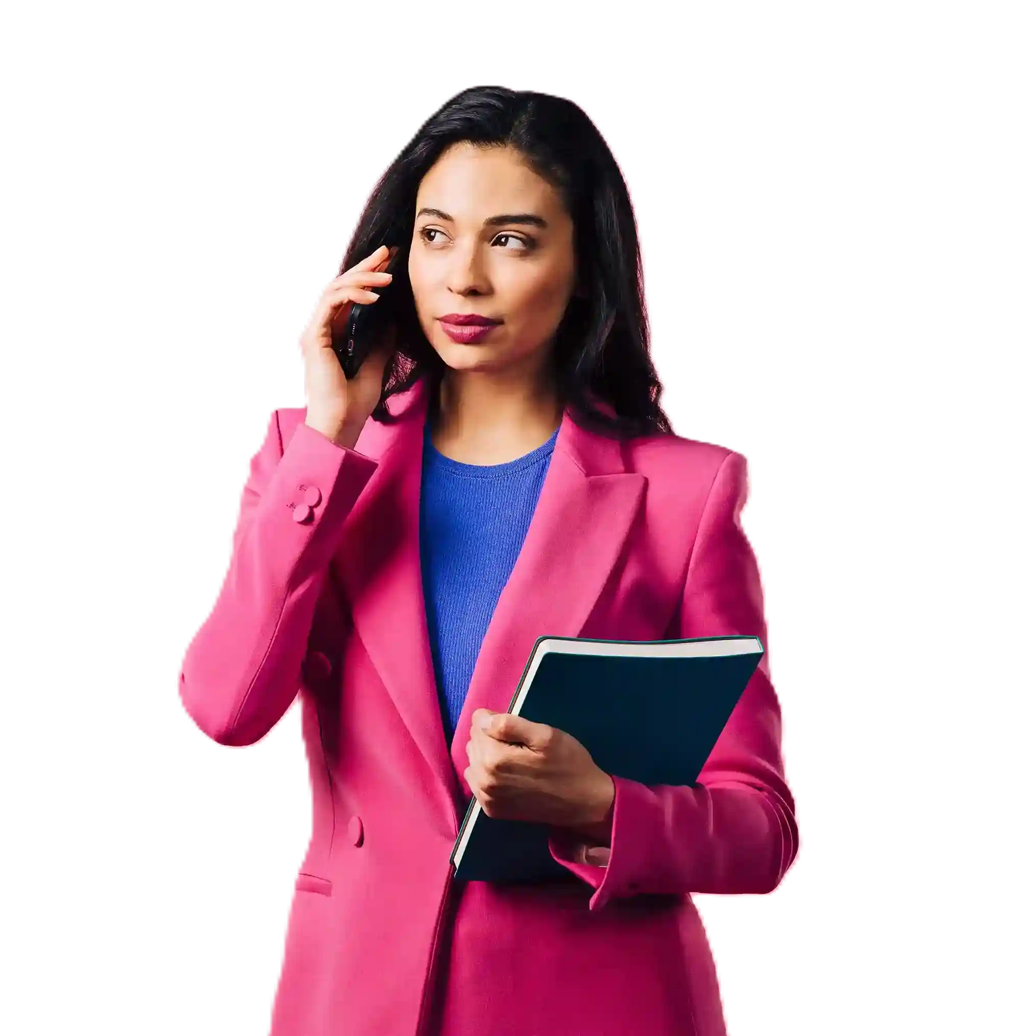 A manager reviews notes while speaking on her phone, guiding a customer through a seamless transfer that keeps the conversation clear and uninterrupted. A business professional pauses mid-conversation on her phone, confidently coordinating a call handoff while ensuring the customer reaches the right team without friction.