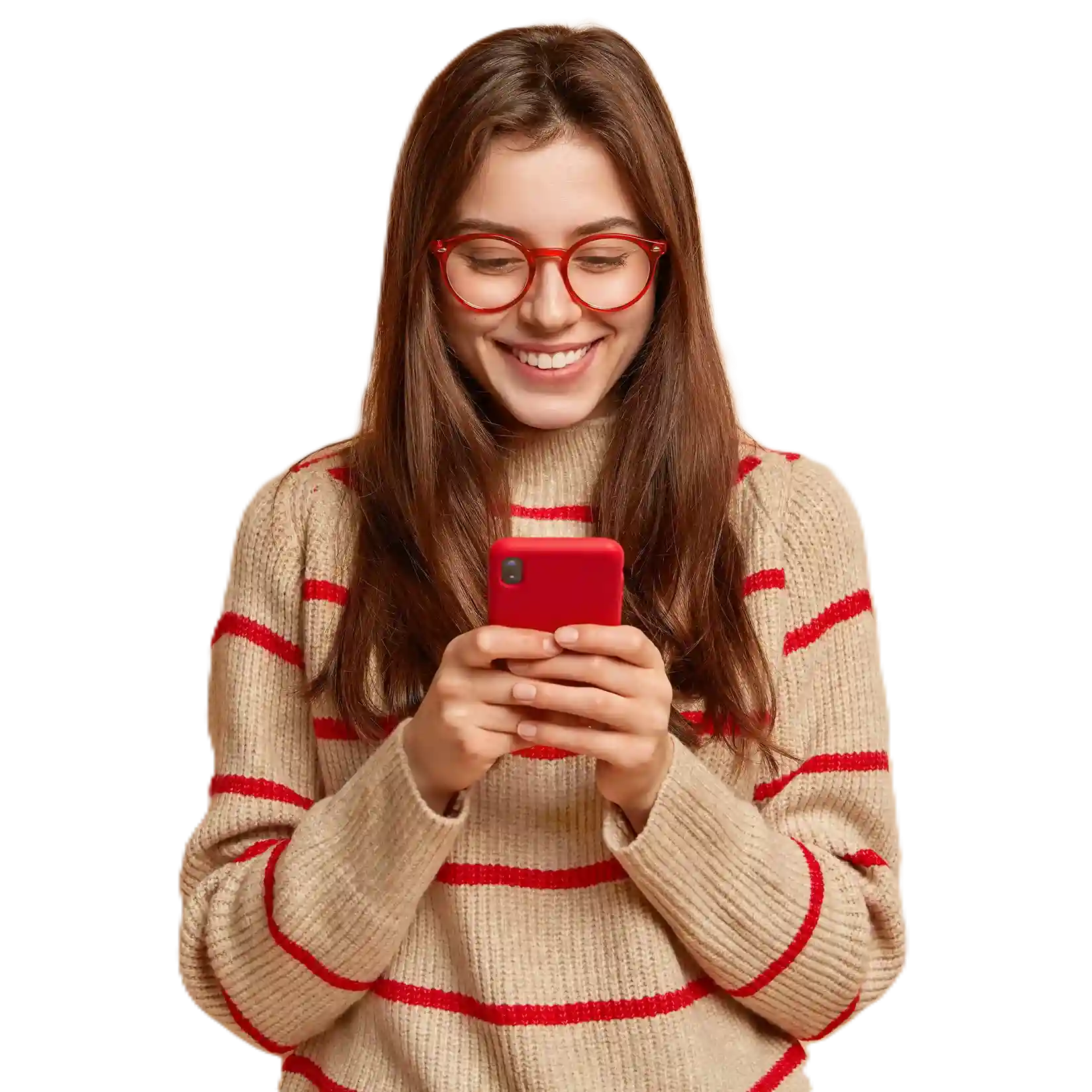 A business professional smiles while engaging on her mobile, representing a first conversation with Indosoft to learn how click to call accelerates customer outreach. A professional reviews a message on her phone and prepares to start a conversation, reflecting how teams connect with Indosoft experts to explore click to call capabilities.