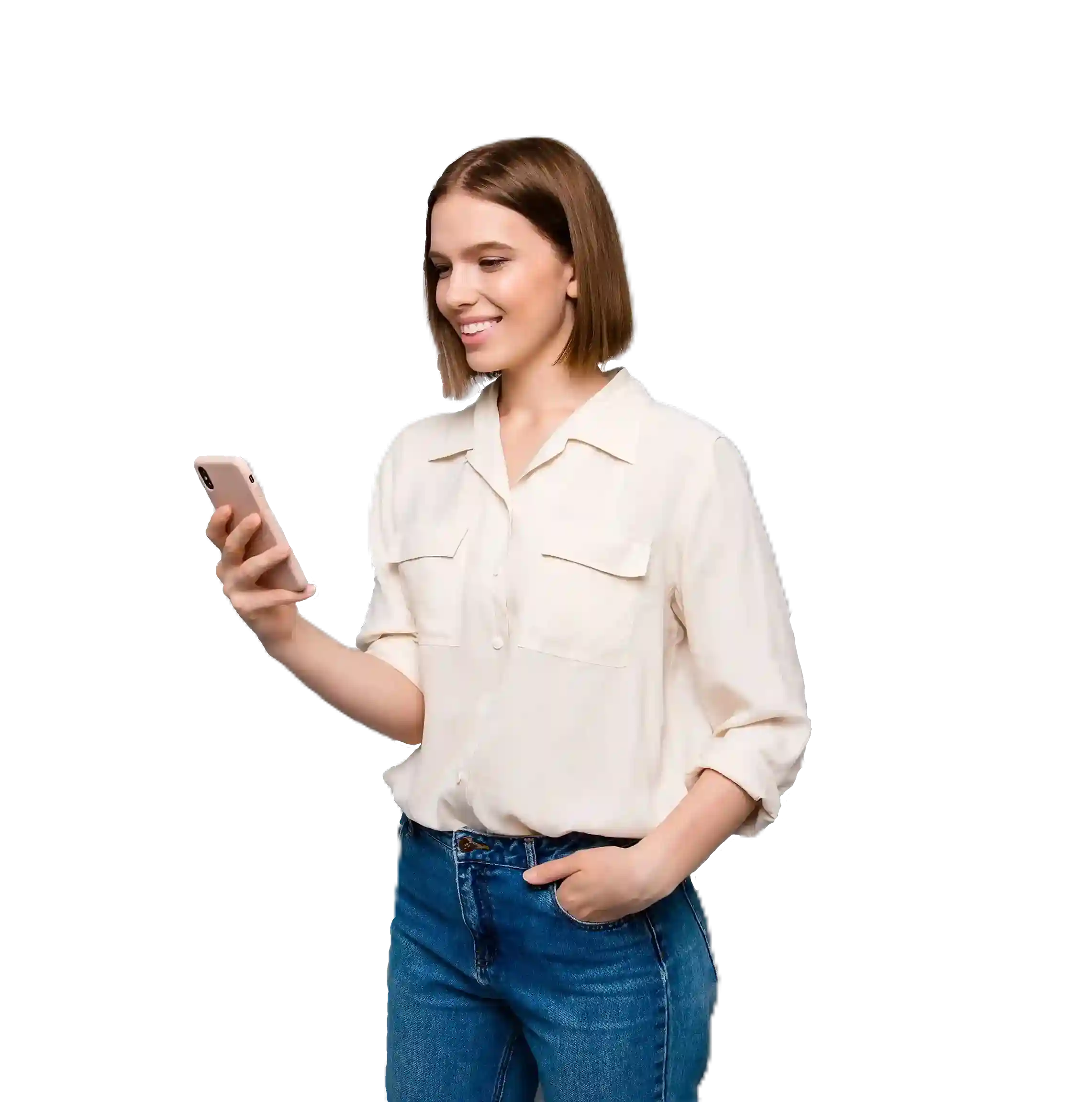 A team member reviews call updates on her phone, showing how shared conversations allow agents and specialists to work together and deliver faster customer resolutions. A professional checks her phone with a relaxed smile, reflecting how conference calling brings multiple team members together to resolve customer questions quickly and confidently.