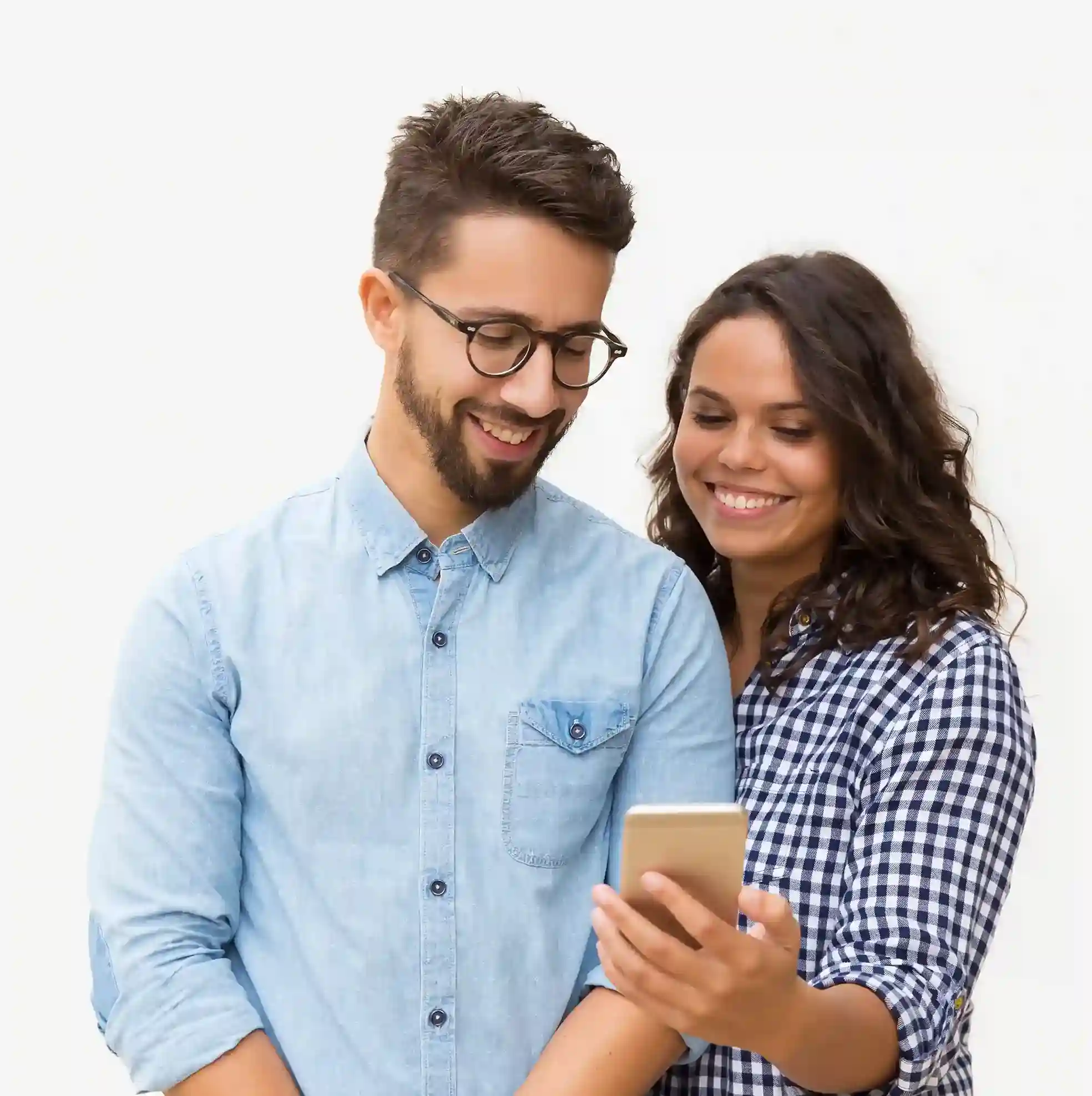 Two individuals share a moment reviewing a call on a smartphone, confident in answering because the caller ID clearly represents a known business. Two people review a phone screen together and smile, recognizing an incoming call instantly because the caller ID clearly reflects a trusted business identity.