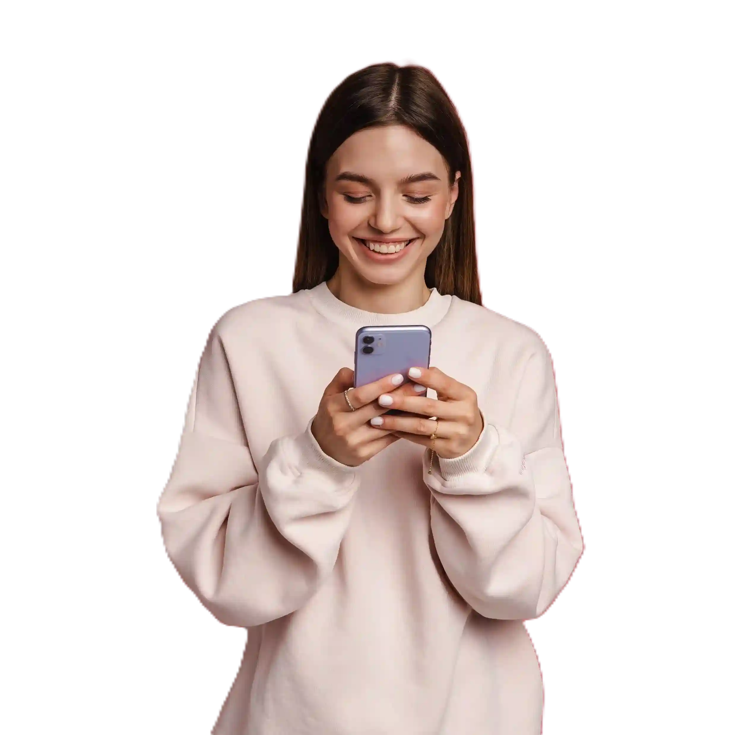 A customer engages with her phone and comfortably connects to a business, encouraged by a recognizable local number that encourages quick outreach. A customer smiles while typing on her phone, confidently reaching a business through a local number that feels familiar and easy to contact.