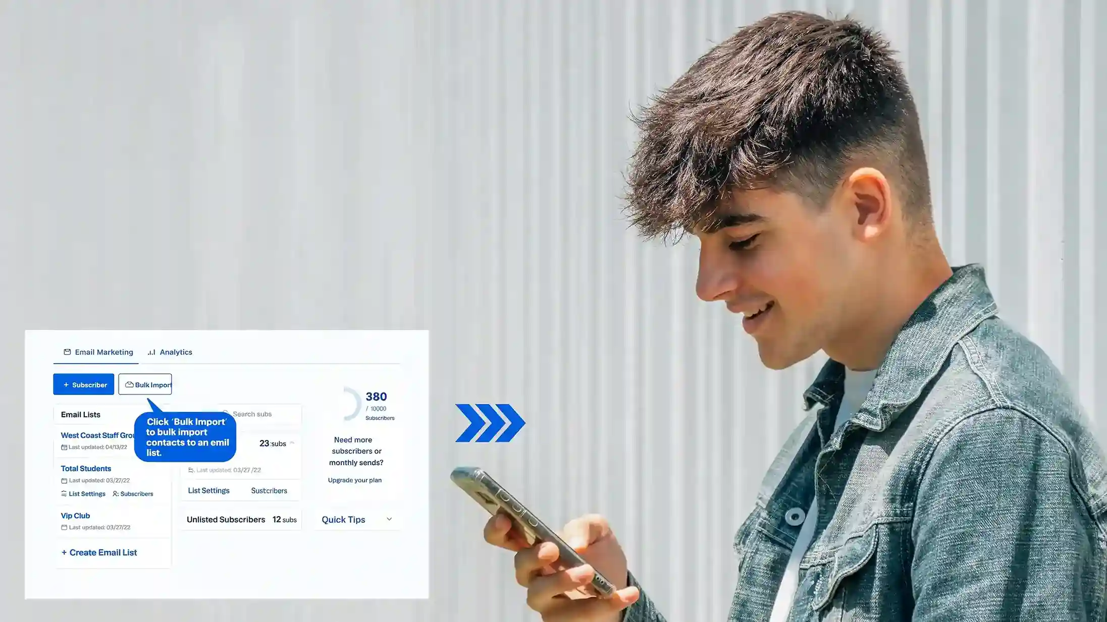 Indosoft feature display highlighting quick and effortless large-scale contact importing. Indosoft bulk contact import interface showing streamlined high-volume data upload.