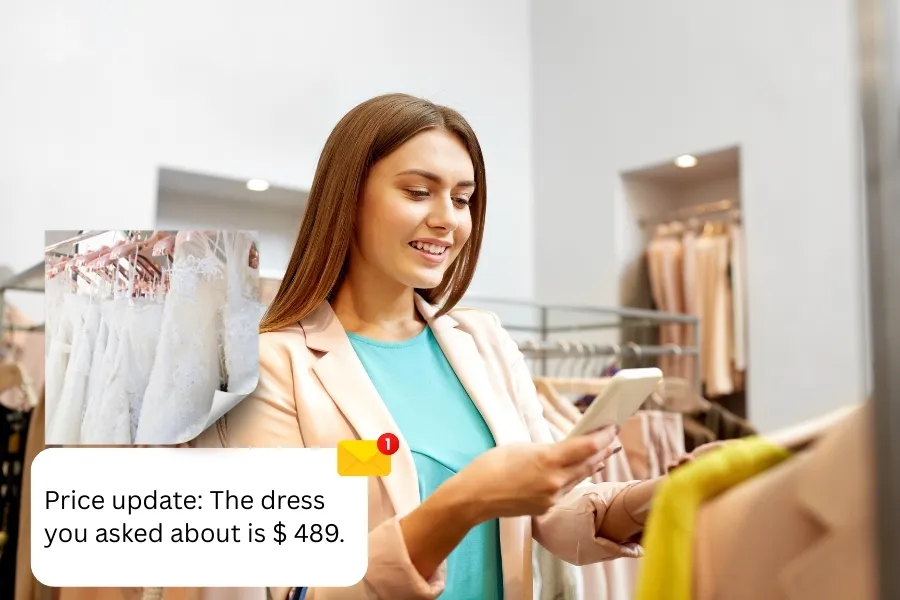 Support agent guiding a caller through flexible callback scheduling on her mobile device. Customer receiving a personalized dress price update via Indosoft’s targeted list-based delivery.