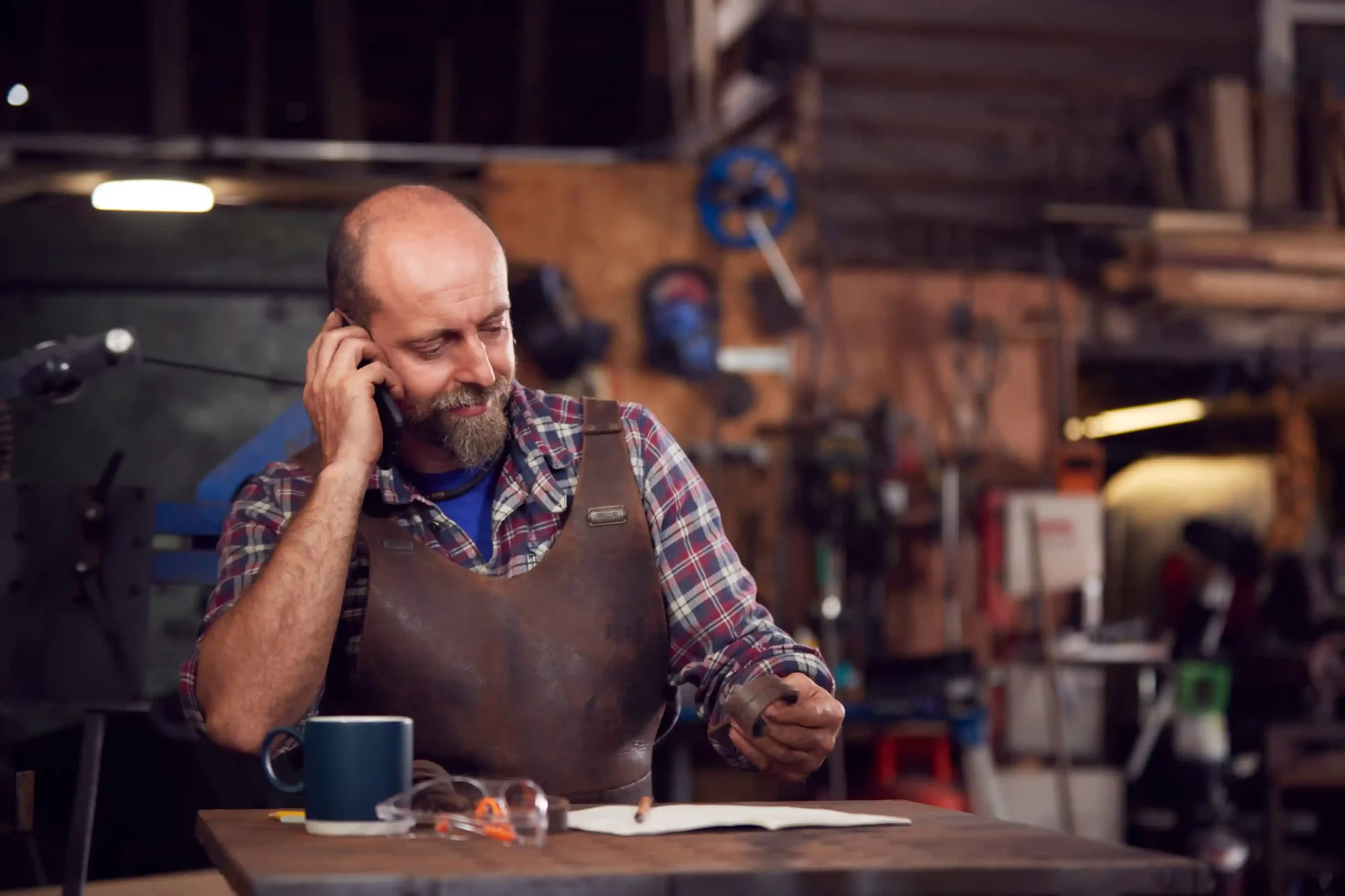 A small business professional takes a call in his workshop, confident the local number has connected the customer directly to the correct regional support team. A workshop owner answers a customer call while reviewing details at his workbench, relying on local number routing to reach the right regional team without delay.
