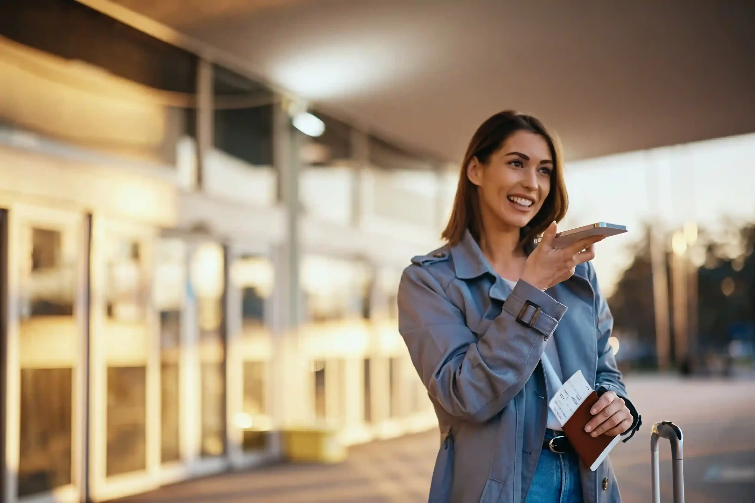 An agent speaks on the phone while applying custom disposition categories designed for his organization’s workflow. A traveler stands outside an airport speaking into her phone, leaving a voicemail that can be easily accessed and reviewed later without getting lost.