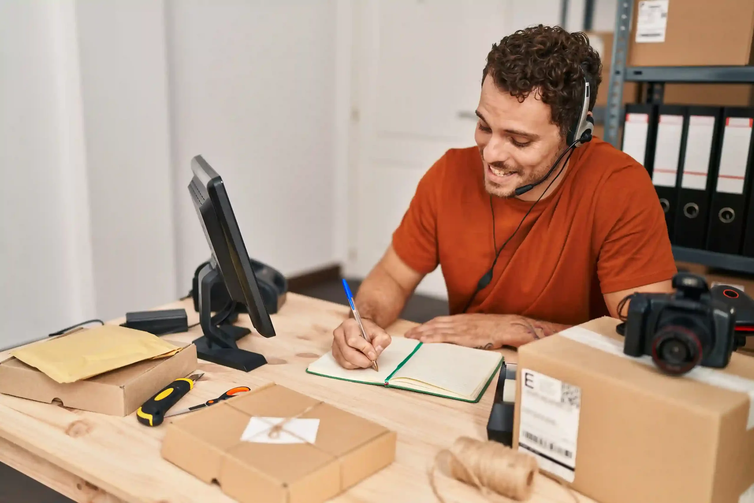 Managing customer requests at his desk, a business owner uses a SIP-enabled communication setup to contact clients, continuing daily operations without changing his established hardware or workflows. While organizing orders and speaking with clients through a headset, a small business professional relies on a SIP-enabled system to stay connected using the tools already set up in his workspace.
