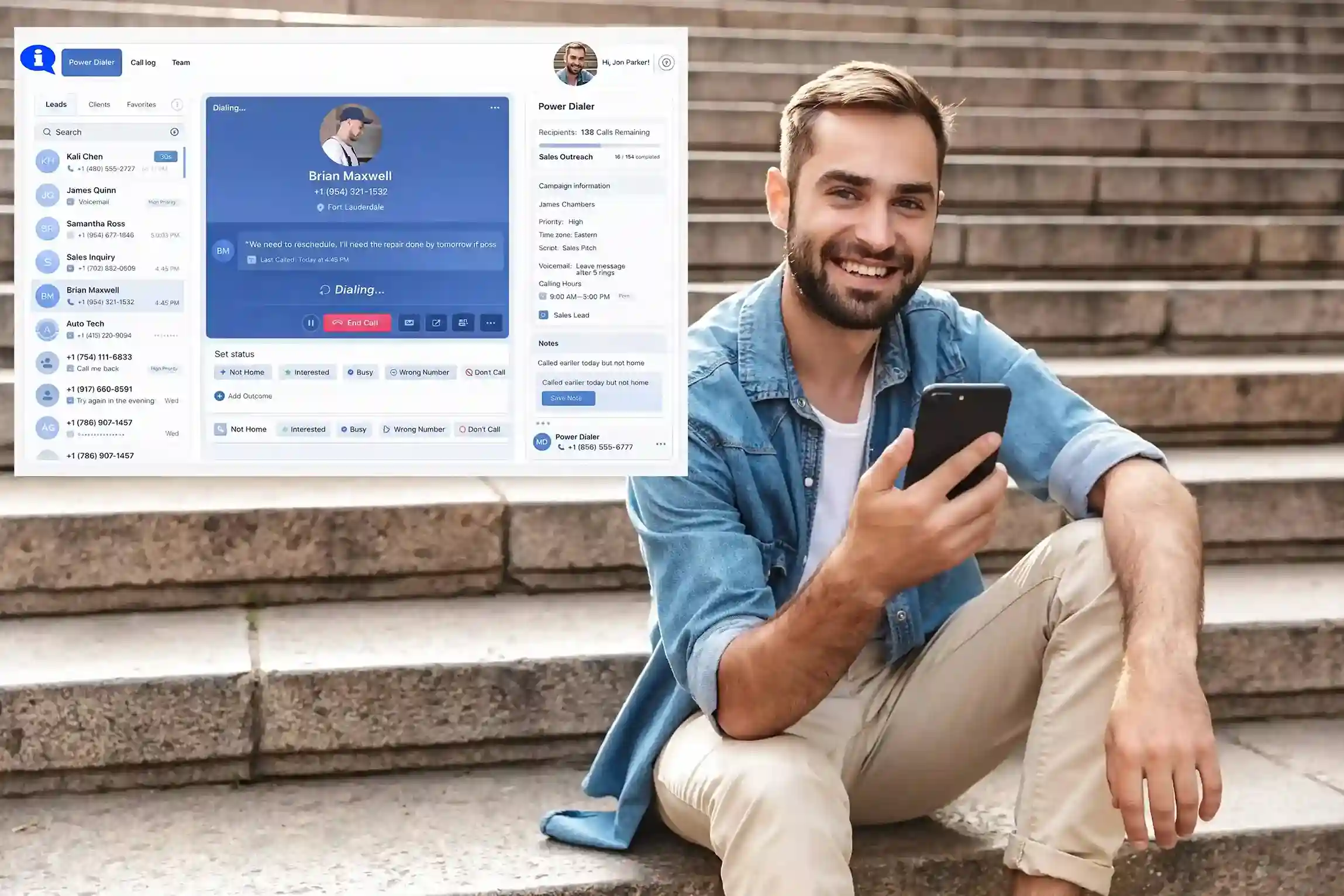 An outbound agent checks call details on his mobile device as the power dialer automatically advances to the next lead, maintaining momentum throughout the calling session. A sales agent reviews the next contact on his phone while the power dialer interface prepares the next outbound call, keeping his workflow moving without delays.