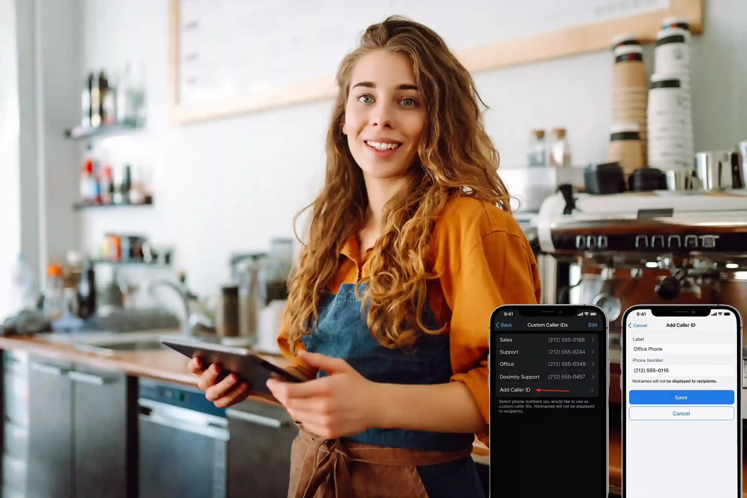 A café staff member reviews caller ID options on a mobile device while managing daily tasks, reflecting how businesses control the identity shown on outbound customer calls. A small business owner checks her phone behind the counter while custom caller ID settings are visible, showing how outbound calls display a trusted business number customers recognize.