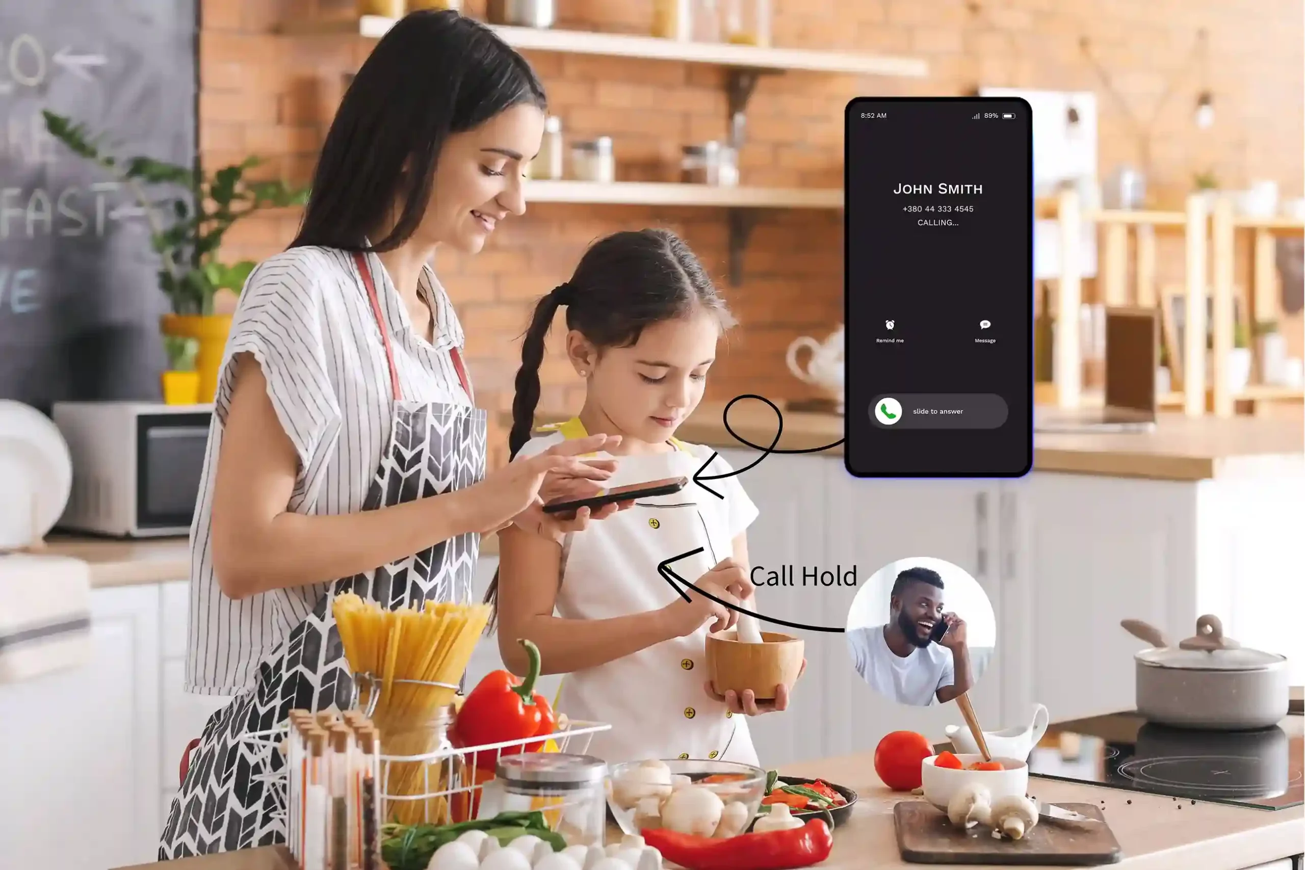 A user manages an incoming call by placing it on hold while staying focused on another activity, reflecting how agents maintain control during live interactions. A woman briefly places a live call on hold on her phone while continuing a task, showing how conversations stay paused without losing connection or context.