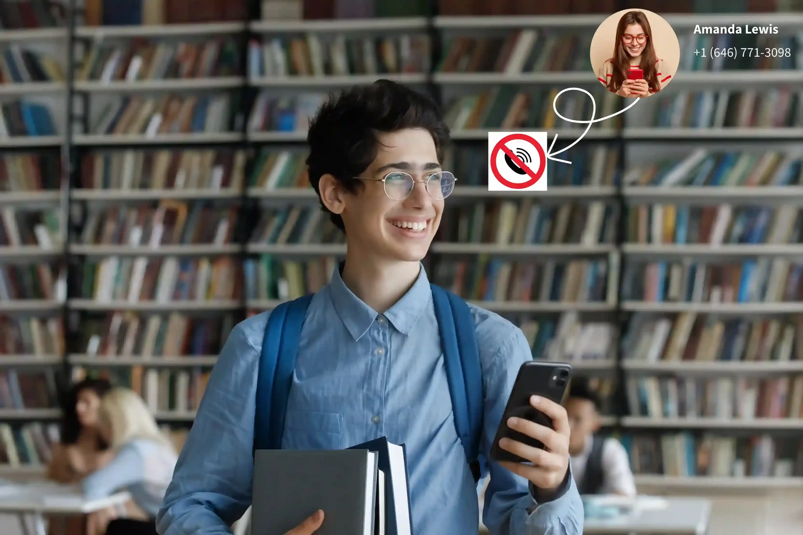A student smiles while holding a phone on mute in a quiet moment, showing how calls remain active while audio stays controlled. A user mutes an active call on their phone while standing in a busy library, ensuring background noise stays private during the conversation.
