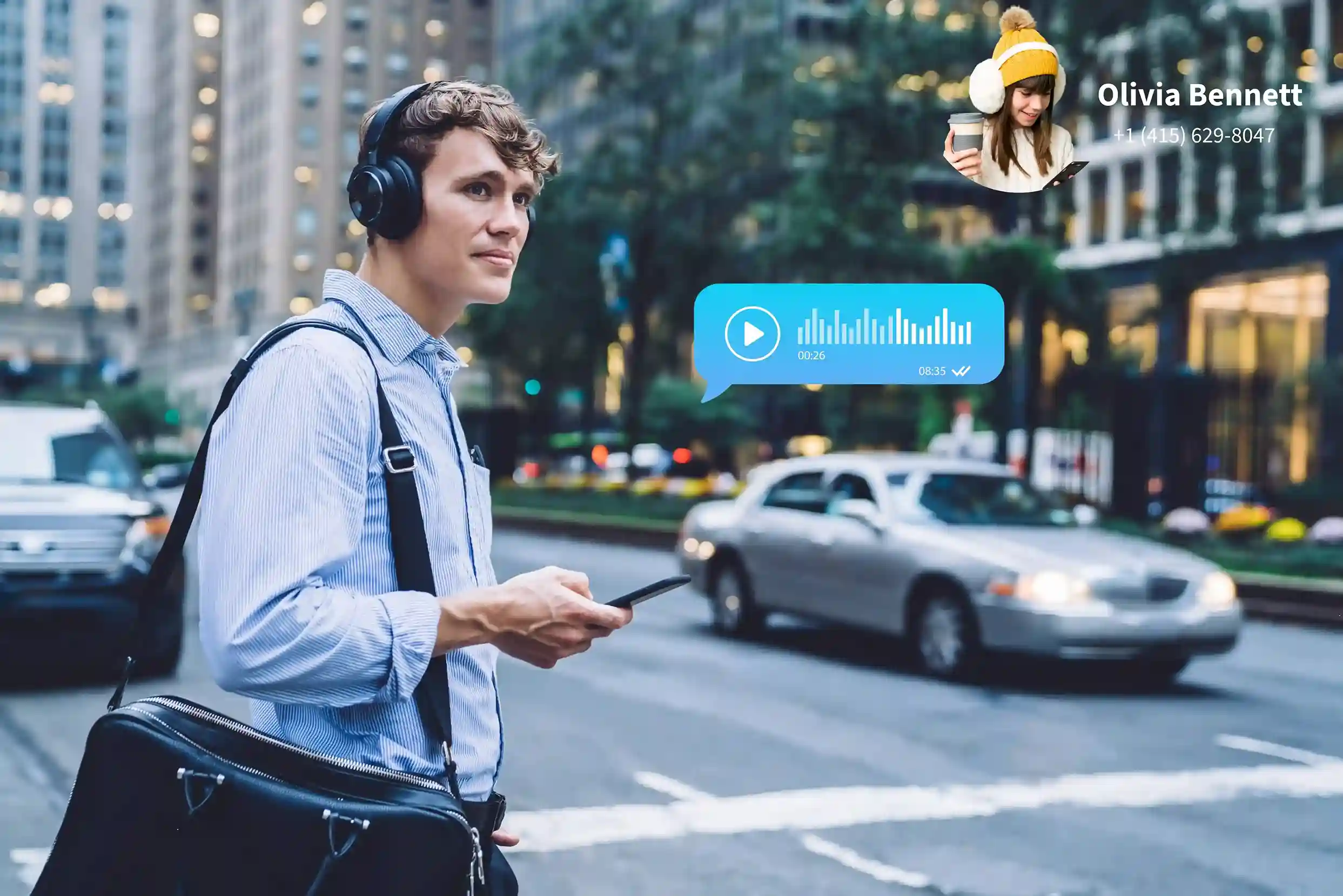 A mobile professional checks a call recording during a commute, using recorded audio to confirm customer commitments and document the conversation accurately. A professional listens to a recorded call on their phone while moving through a busy city, reviewing conversation details to ensure accuracy and compliance after the interaction.
