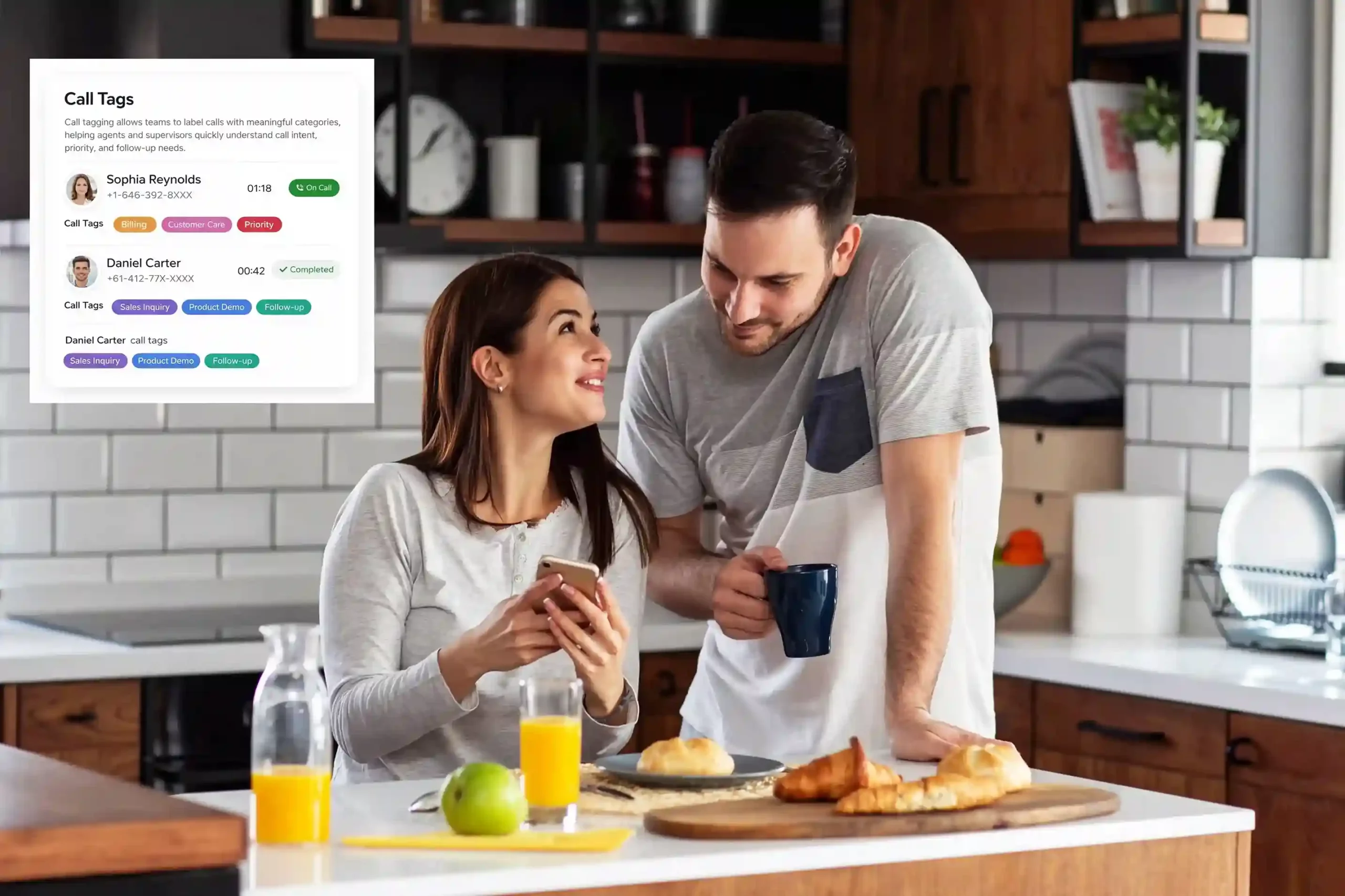 A professional glances at call tags on a mobile screen while coordinating tasks, showing how tagged interactions provide clarity and context beyond the call itself. A professional reviews call details on a phone while standing in a shared workspace, using clear call tags to understand conversation purpose and next steps at a glance.