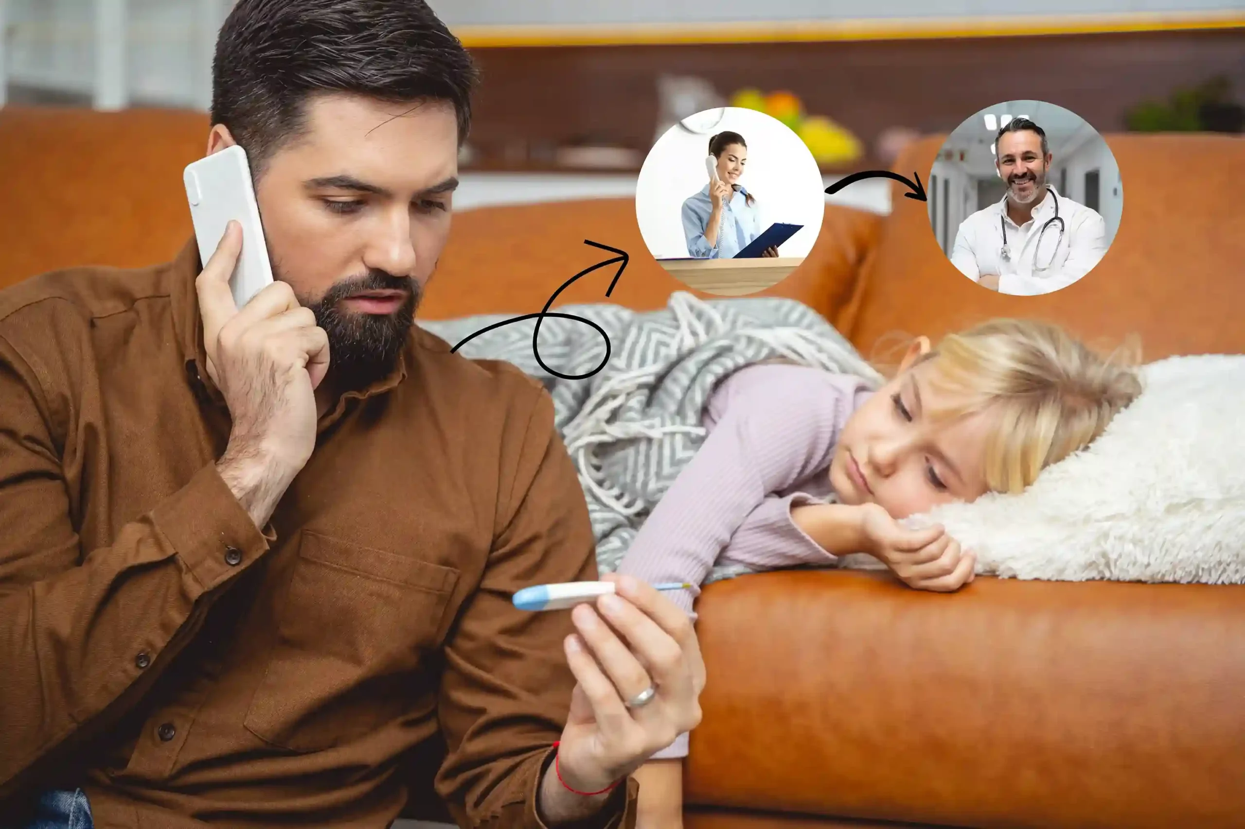 An incoming call is handed off from one professional to another, ensuring the caller is connected to the appropriate expertise at the exact moment it is needed. A concerned parent speaks on the phone while checking a thermometer, as the call is smoothly transferred to a specialist who can provide the right assistance without repeating details.