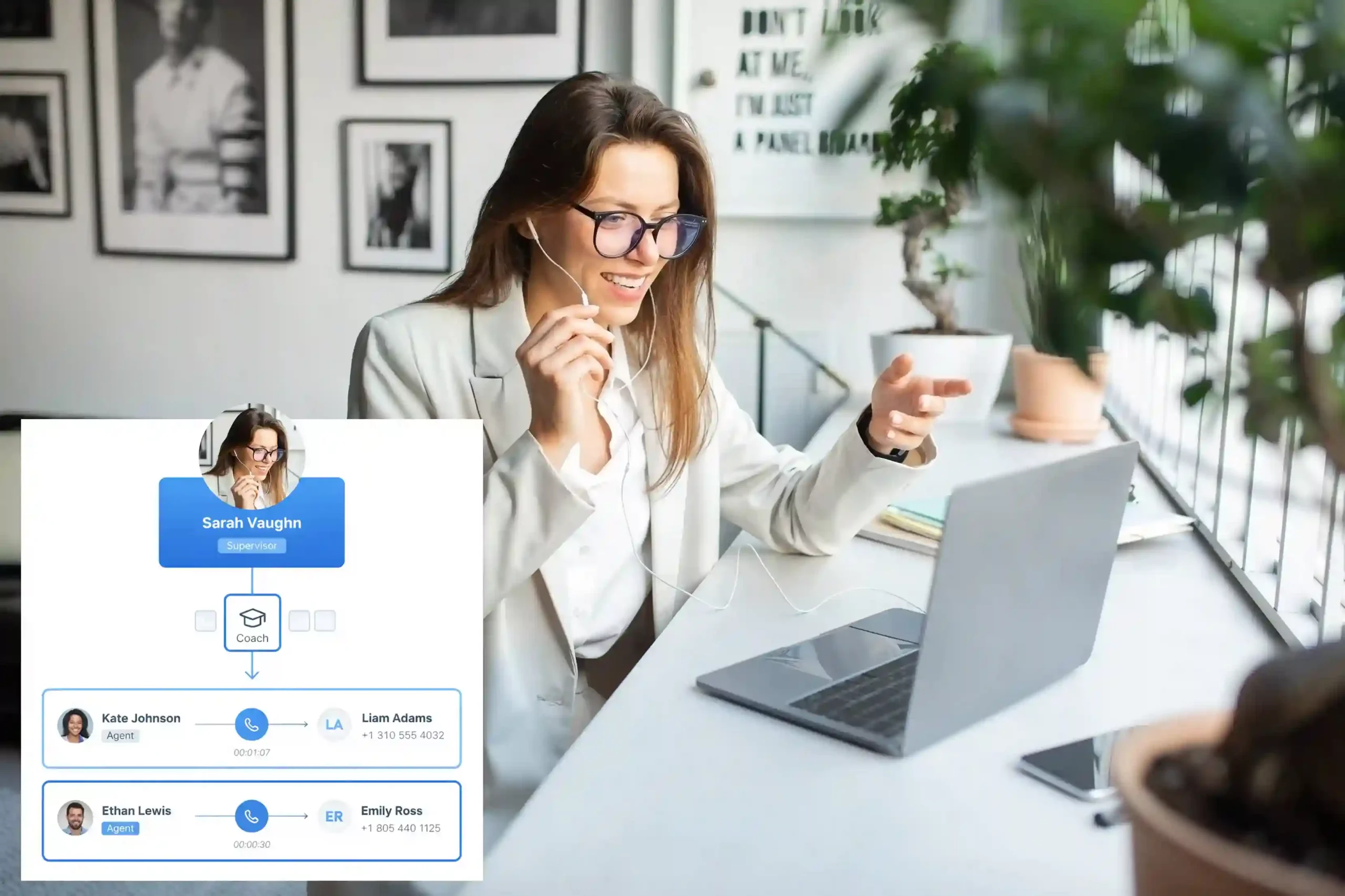 A team leader provides quiet instructions to an agent through a whisper channel while the customer remains unaware of the guidance. A supervisor discreetly guides an agent through a headset while the agent continues a live customer call with confidence and focus.