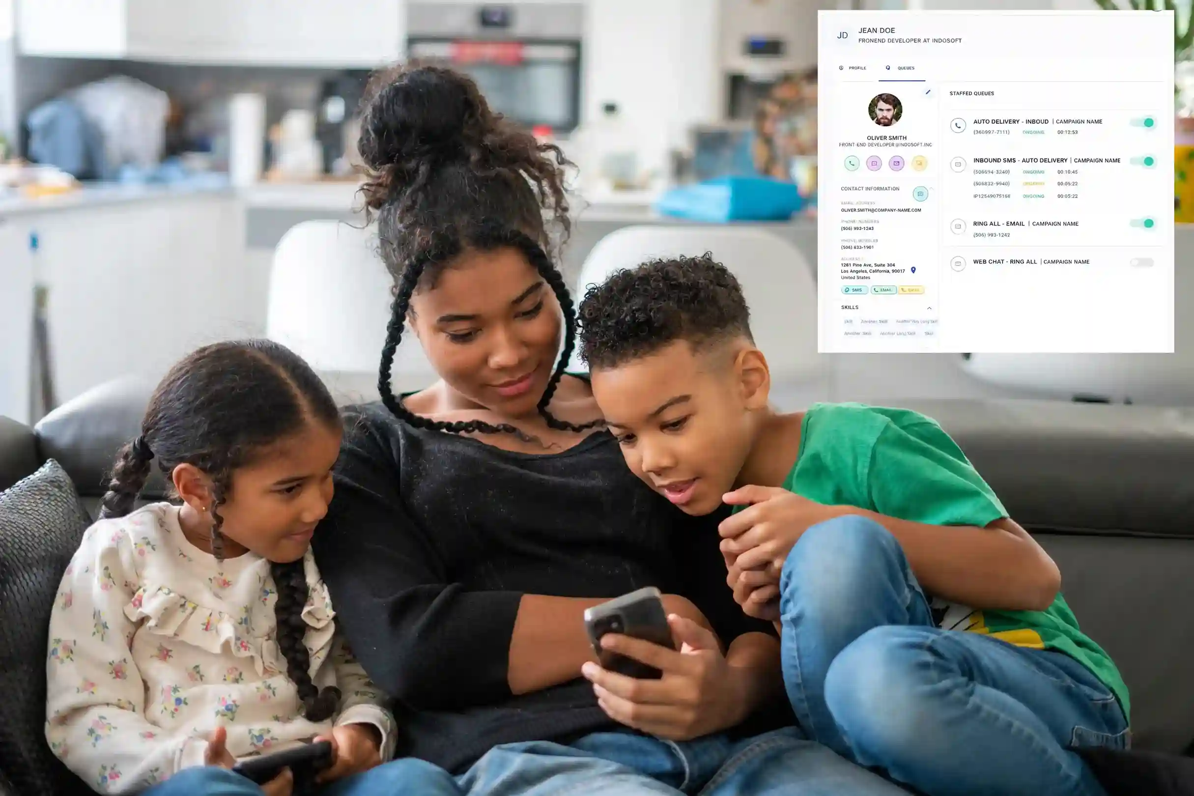 A professional checks a contact profile on a phone at home, showing how contact management supports quick access to customer records even outside a traditional office setting. A parent reviews contact details on a mobile phone while children sit close by, reflecting how teams use contact management to quickly access customer information during everyday interactions.