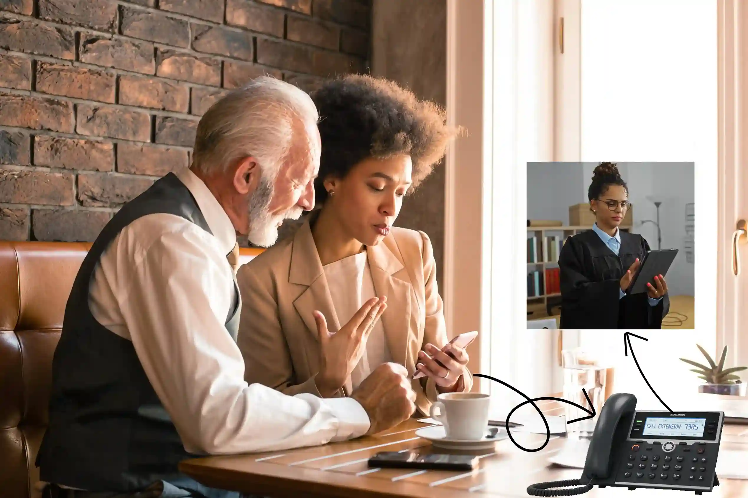 A social worker explains a phone screen to an elderly client while dialing a specific extension, showing how call extensions simplify reaching the correct professional quickly. A social worker sits beside a senior citizen at a café table, guiding him through a phone screen to connect directly with a lawyer using a call extension instead of navigating multiple menus.