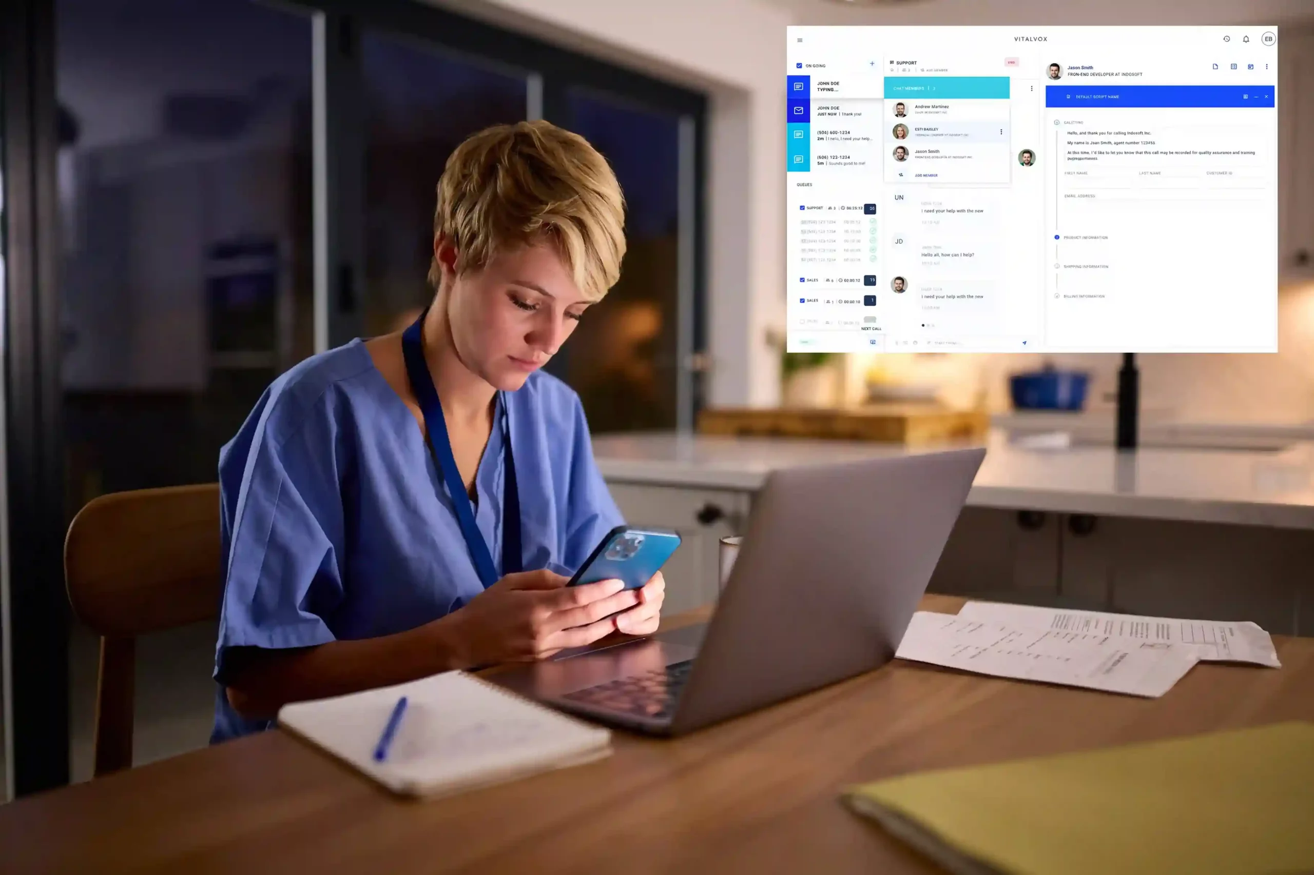 A support professional reviews internal chat messages from colleagues on her mobile device while managing work on her laptop, coordinating next steps without involving the customer. An agent balances customer tasks on her laptop while quietly reviewing private team messages on her phone, using internal chat to stay aligned during a live support session.