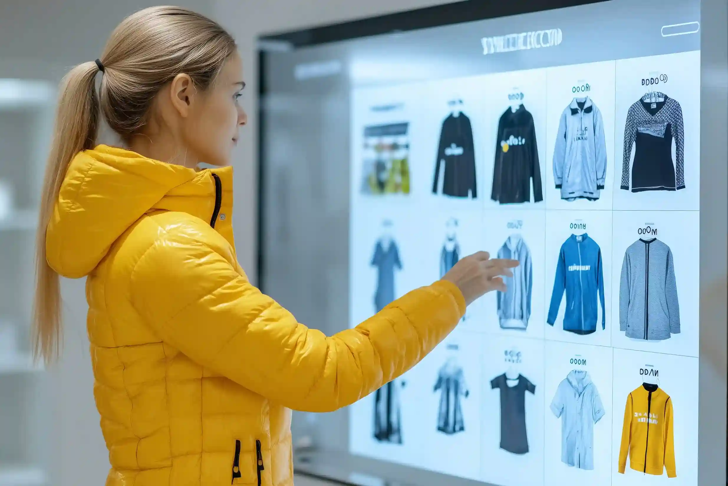 Indosoft-enabled AR mirror shows outfits and automates answers, reducing wait times and boosting CX. Shopper using an augmented reality mirror to virtually try on outfits, guided by the Indosoft AI assistant for instant recommendations.