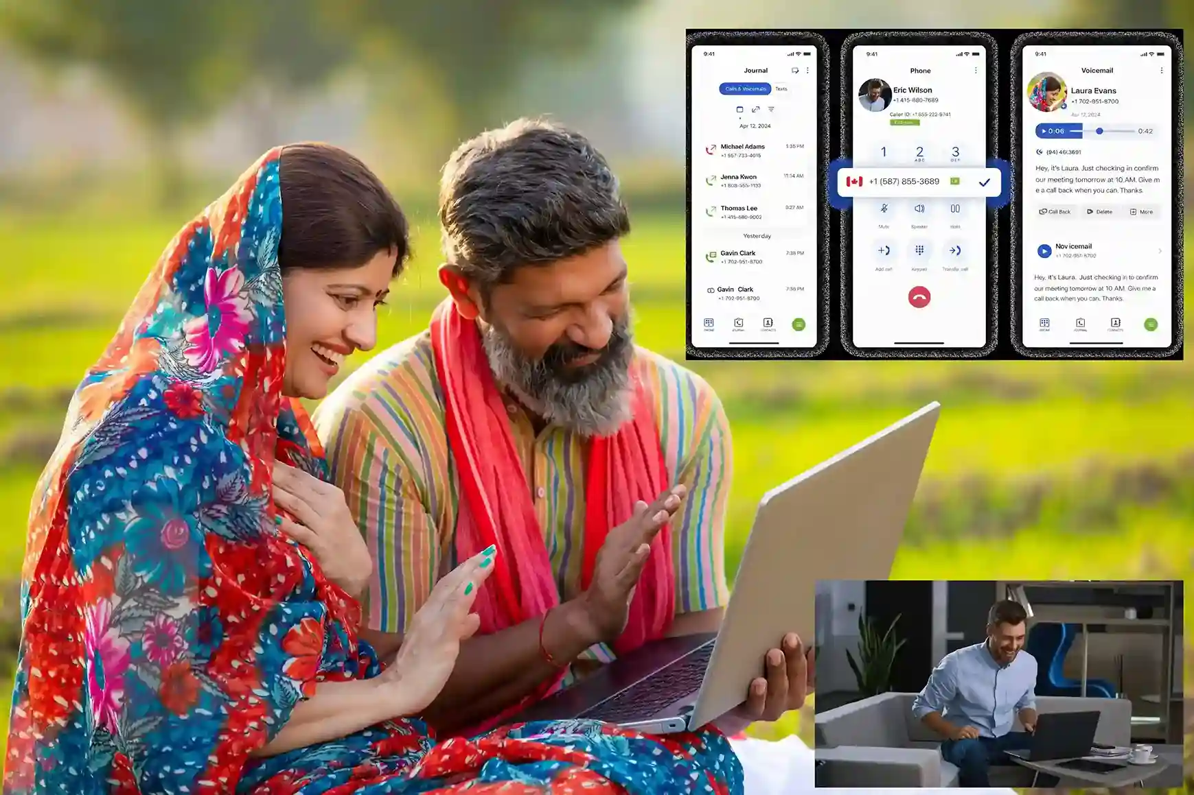International numbers let your teams appear local in multiple countries, helping global customers reach the right department quickly while maintaining a consistent contact center experience. A rural couple smiles as they use a laptop to connect with professional support, while an international number interface helps route their call to the correct legal expert without distance barriers.