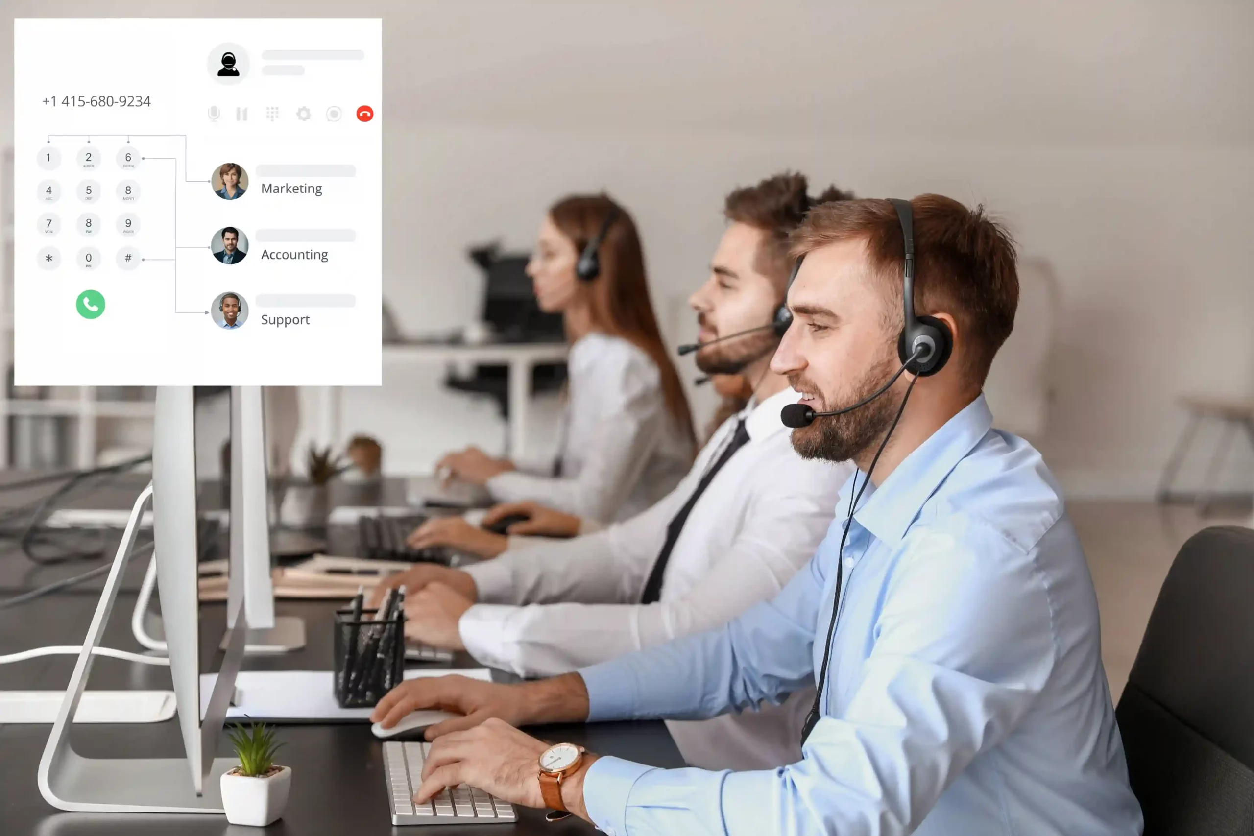 Agents handle focused conversations as a layered IVR system automatically directs callers to the right department based on their menu selections. Contact center agents work in parallel while a multi-level IVR menu routes incoming callers step by step to marketing, accounting, or support without manual transfers.