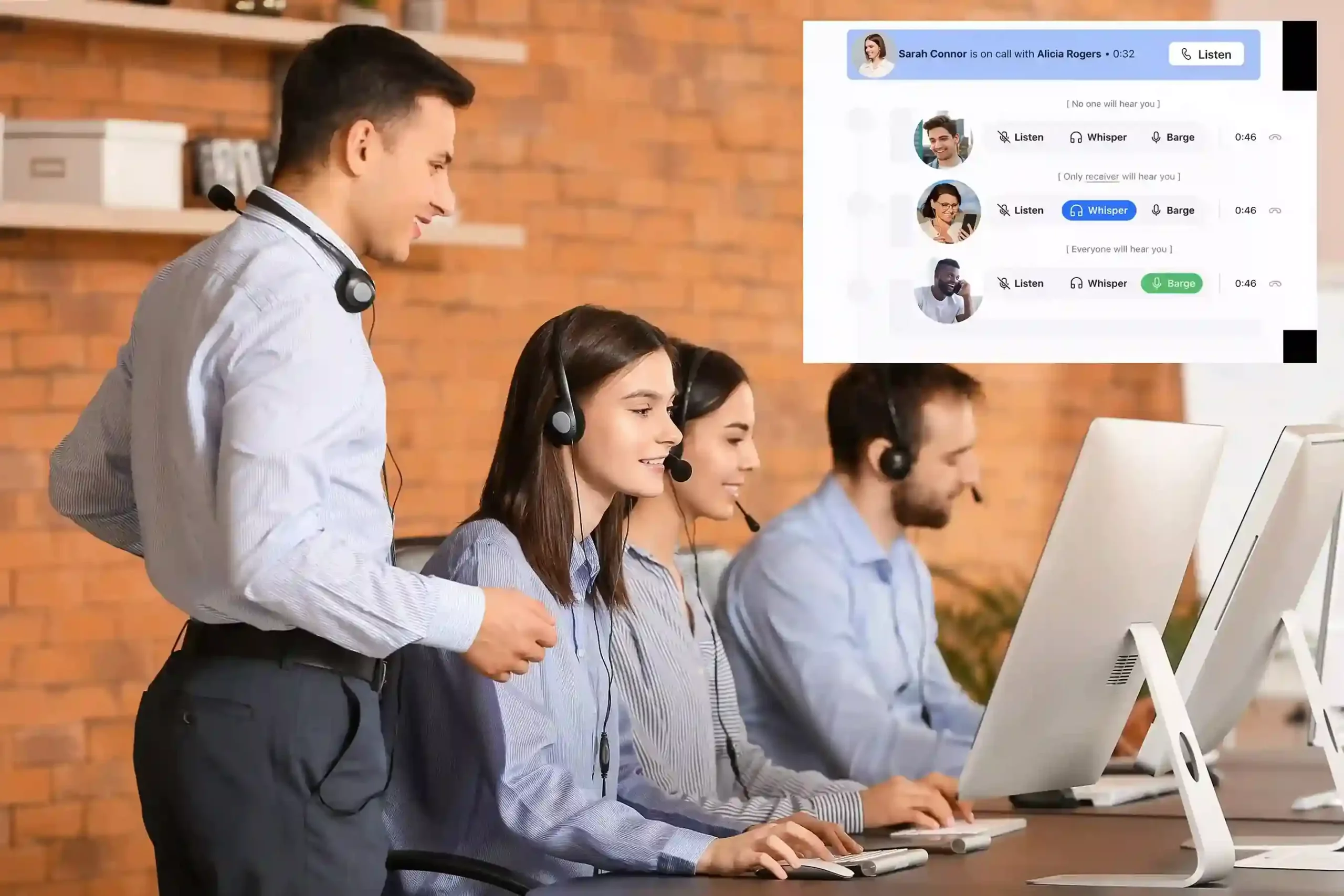 A team lead reviews live call activity on a monitoring panel while agents handle customer conversations using headsets at their workstations. A supervisor stands beside agents at their desks, monitoring live calls on-screen while guiding conversations without interrupting the customer experience.