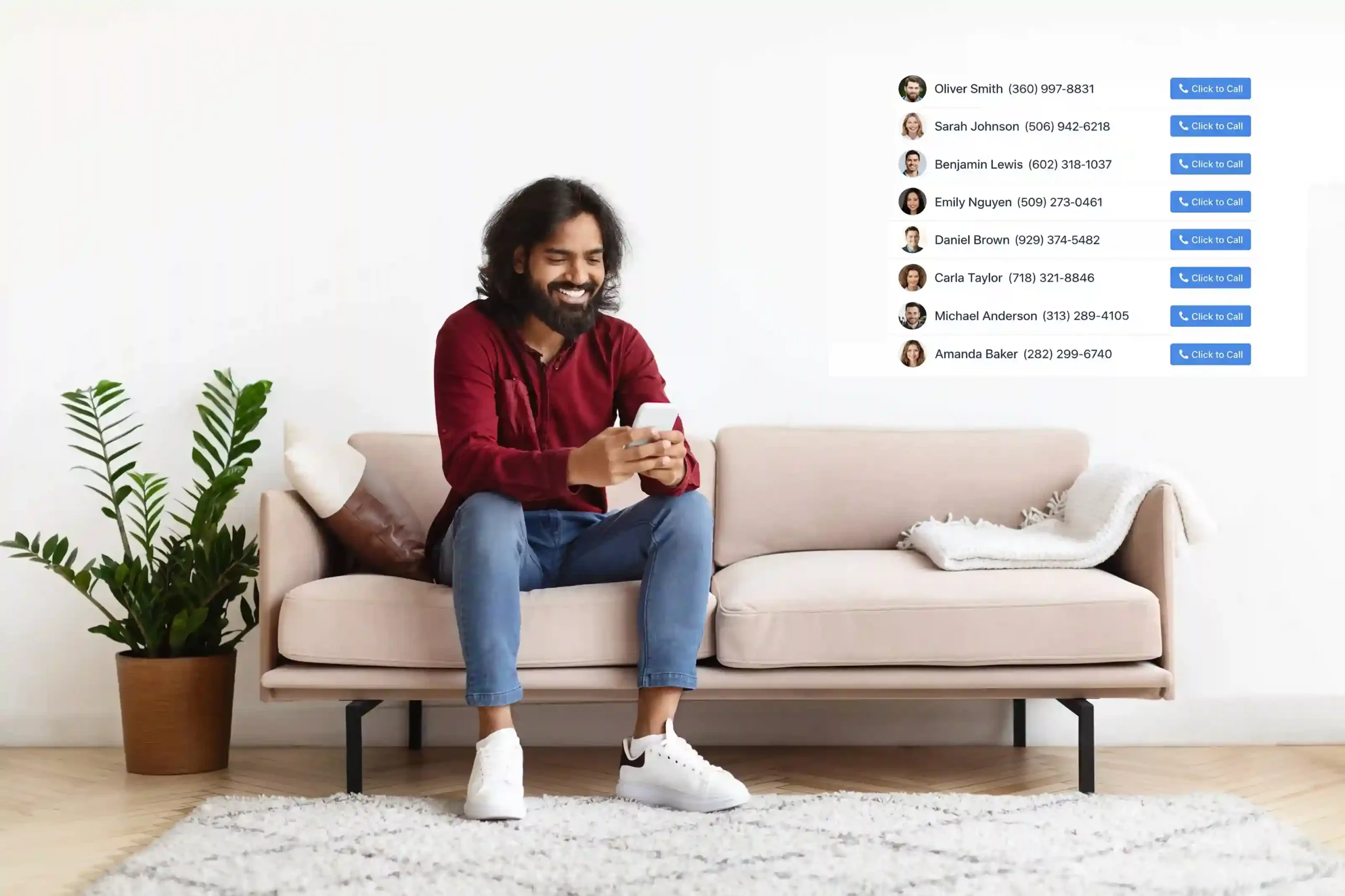 A user smiles while selecting a contact from an on-screen call log, showing how click to call turns saved numbers into immediate outbound conversations. A professional relaxes on a sofa while reviewing a list of customer call logs on his phone, using click to call buttons to instantly connect without dialing numbers manually.
