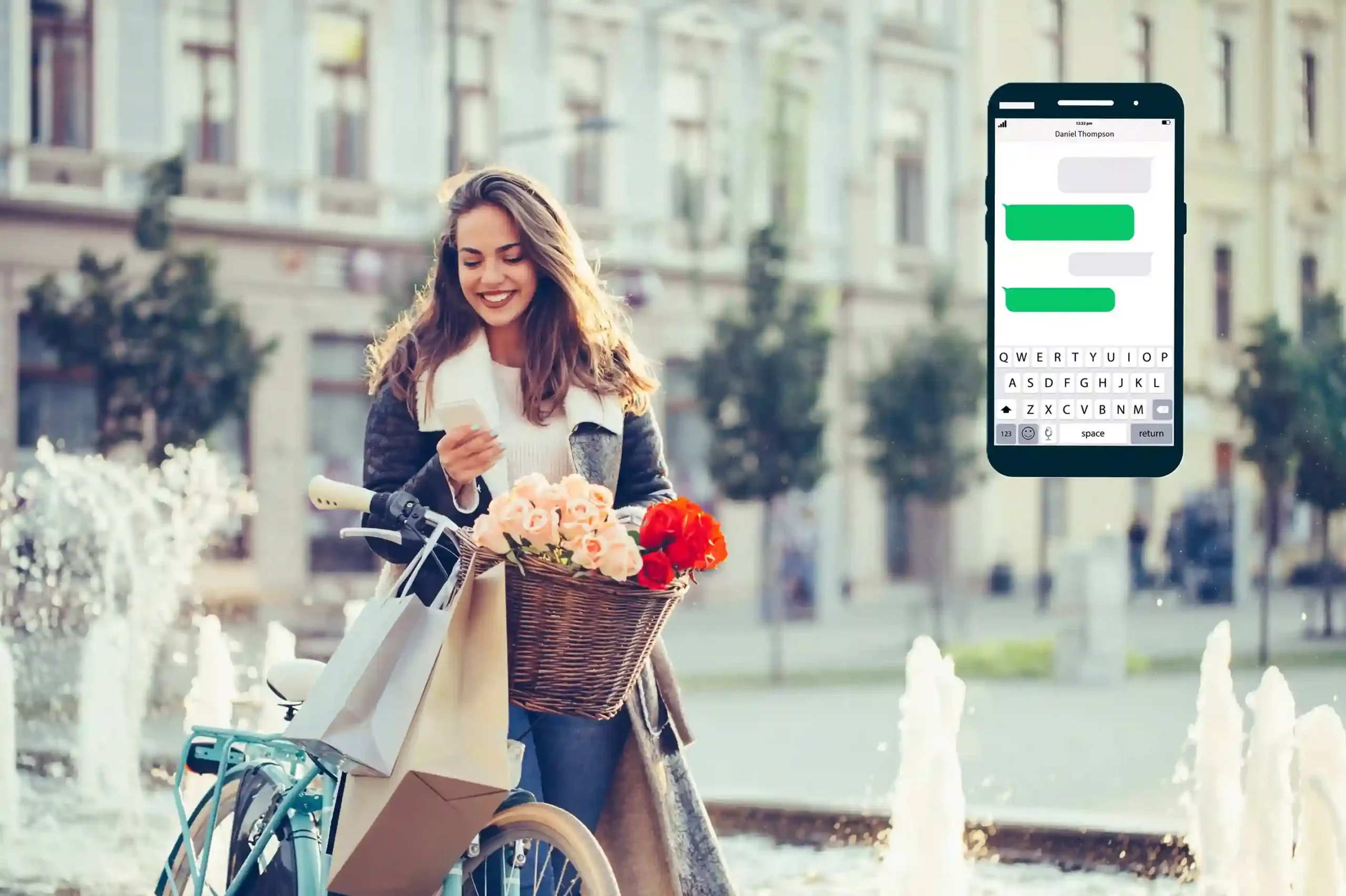 A customer checks her phone in a city setting while an on-screen message appears, illustrating how a well-crafted greeting message introduces a business clearly at the start of a call. A woman smiles while reading a message on her phone as she pauses with her bicycle, reflecting how custom greeting messages create a warm and reassuring first moment when customers call a business.