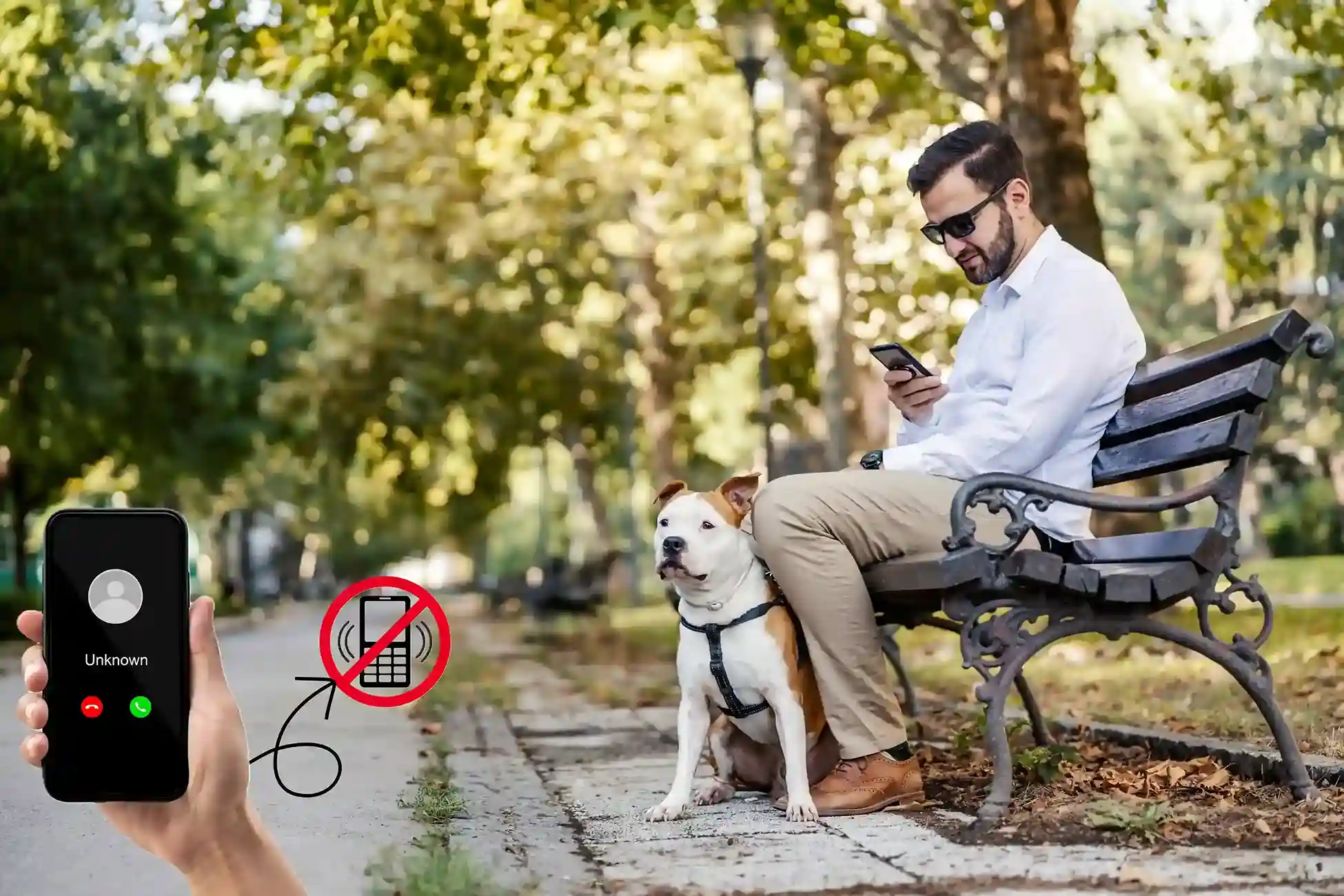 A man scrolls through his phone outdoors as an incoming call is muted, illustrating how do not disturb protects focus while still managing call availability. A professional checks his phone while relaxing on a park bench with his dog, showing how do not disturb settings silence non-urgent calls without disrupting personal time.