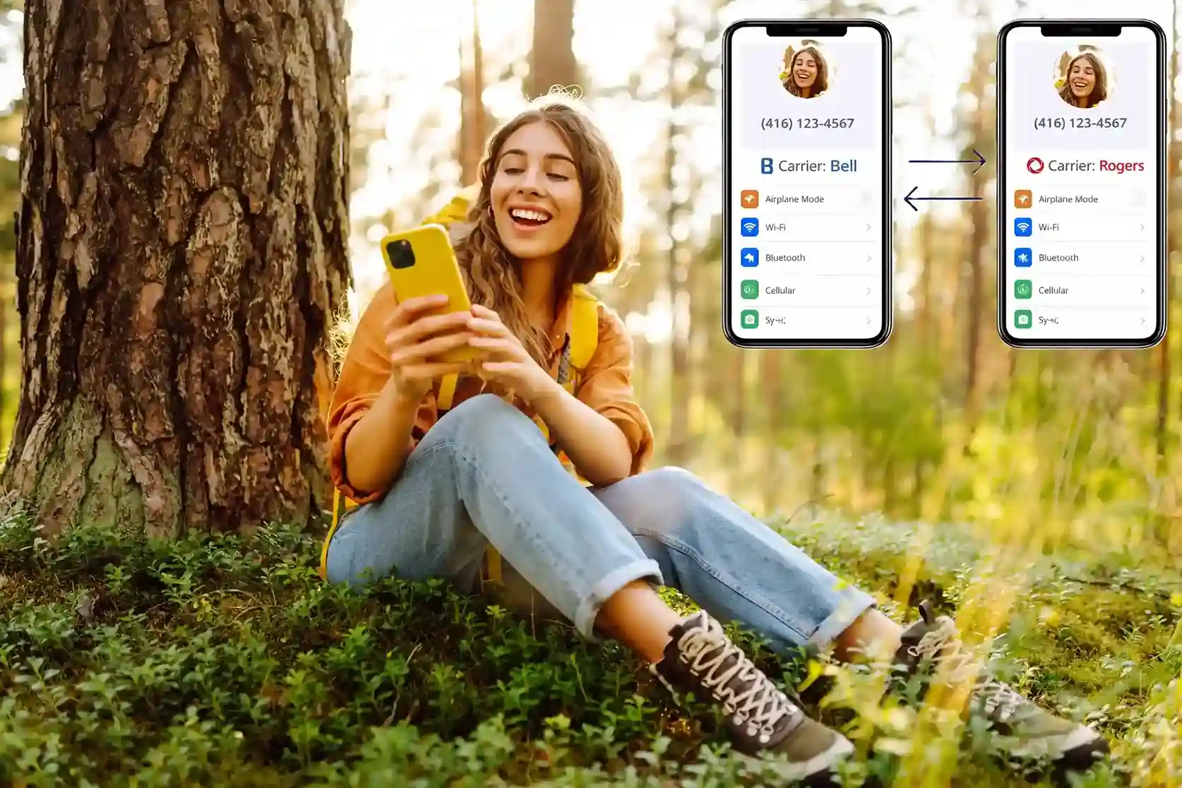 A customer enjoys uninterrupted communication outdoors as her phone number remains unchanged, even while the underlying carrier transitions through number porting. A traveler relaxes in a forest while checking her phone, confident that her familiar number still works as it moves between carriers through a smooth number porting process.