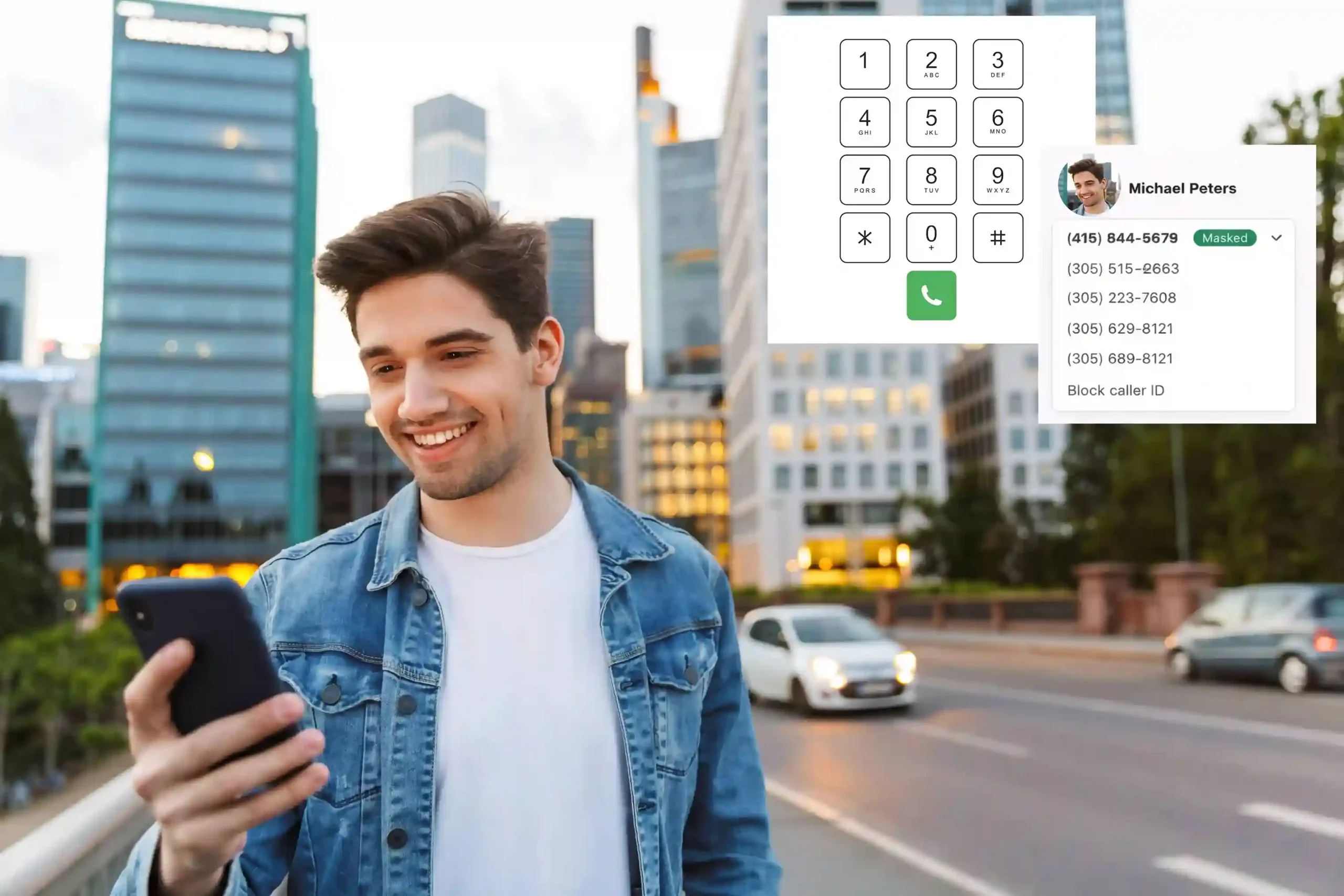 A user confidently manages an outbound call on his phone as masked caller ID options appear, showing how identity is protected before dialing. A professional checks his phone before placing a call while a masked caller ID interface ensures his real number stays private during the conversation.