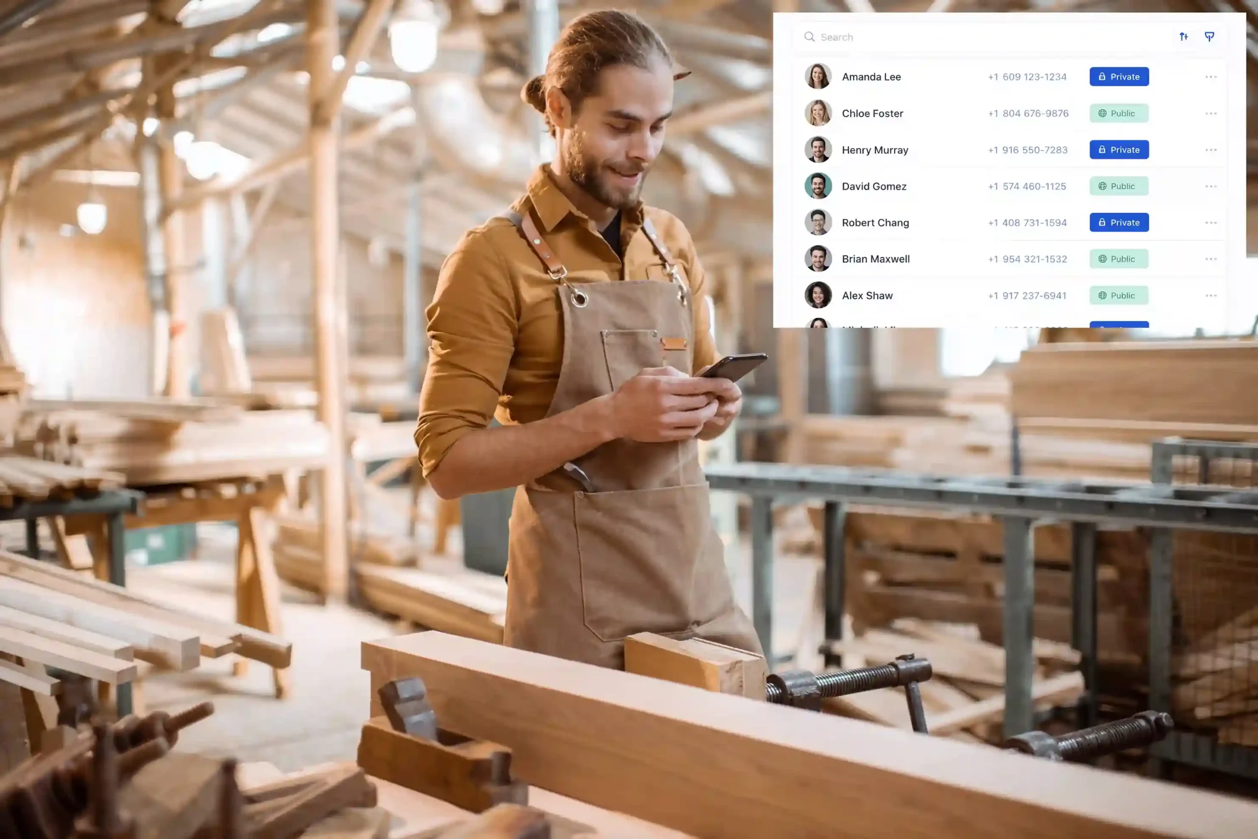 A professional checks customer contacts on his mobile device while a contact list dashboard highlights public and private labels, allowing him to manage access without interrupting daily work. A workshop owner reviews contact details on his phone while managing a dashboard that clearly marks contacts as public or private, ensuring sensitive numbers are shared only with the right team members.