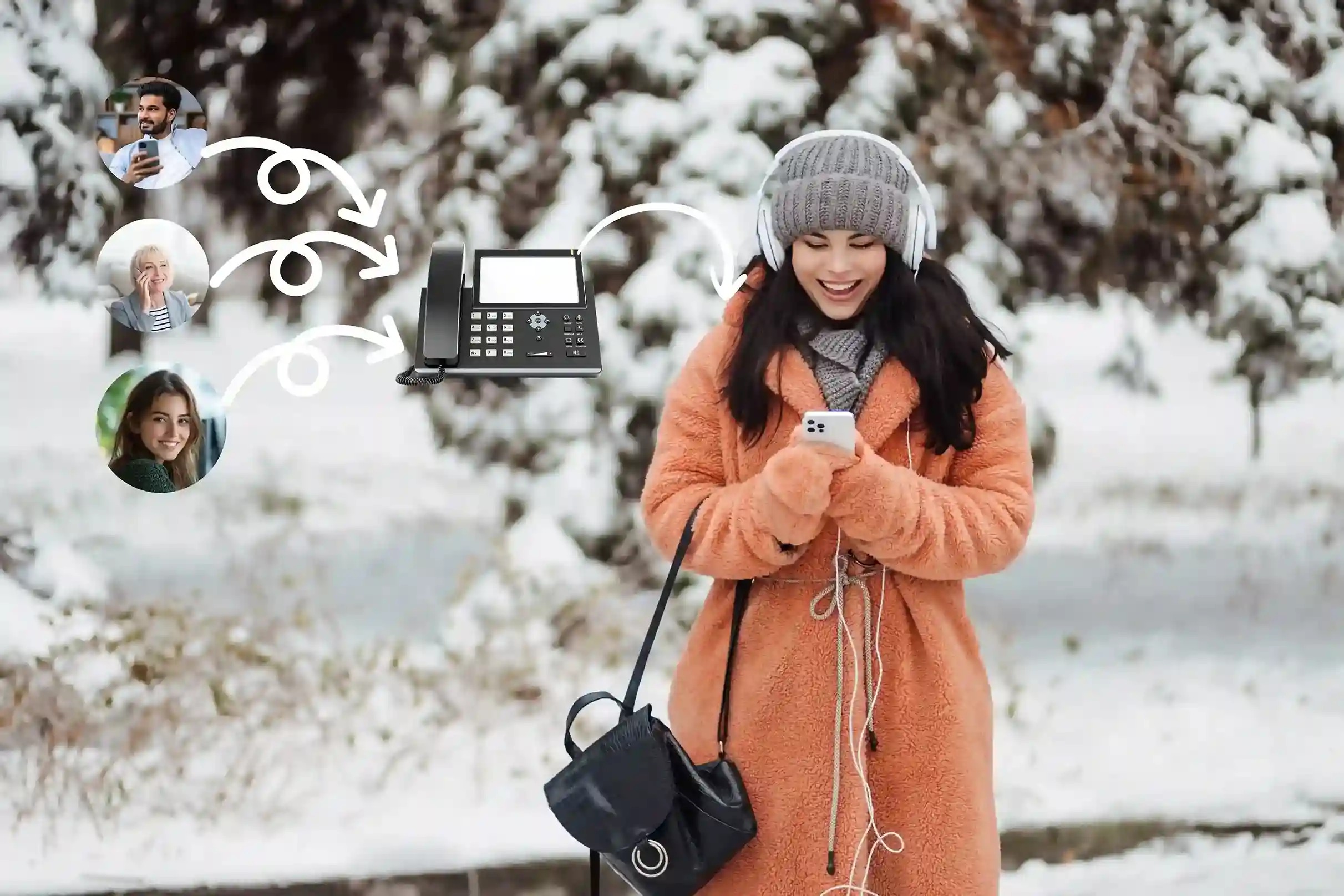 A caller checks her phone outdoors as incoming calls line up in a defined order, demonstrating how queued calls are handled smoothly behind the scenes. Multiple callers are guided into an organized queue while a woman receives her call calmly on her phone, showing how calls are routed fairly without confusion.
