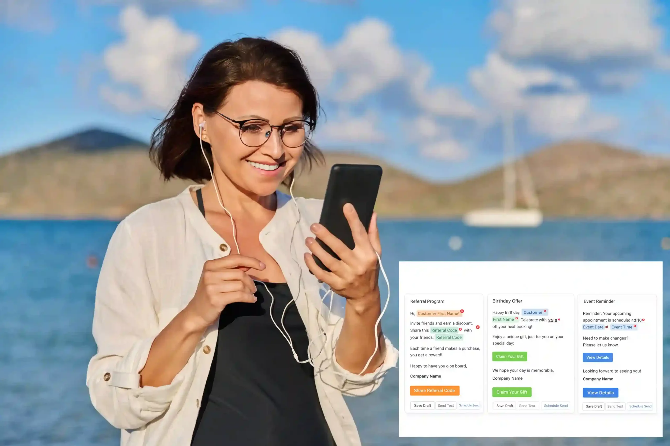 A customer listens through earphones and checks her phone by the water, showing how SMS campaigns fit naturally into daily life while delivering important updates and reminders. A customer smiles while reviewing a personalized SMS campaign on her phone, showing how scheduled messages reach the right audience at the right moment.