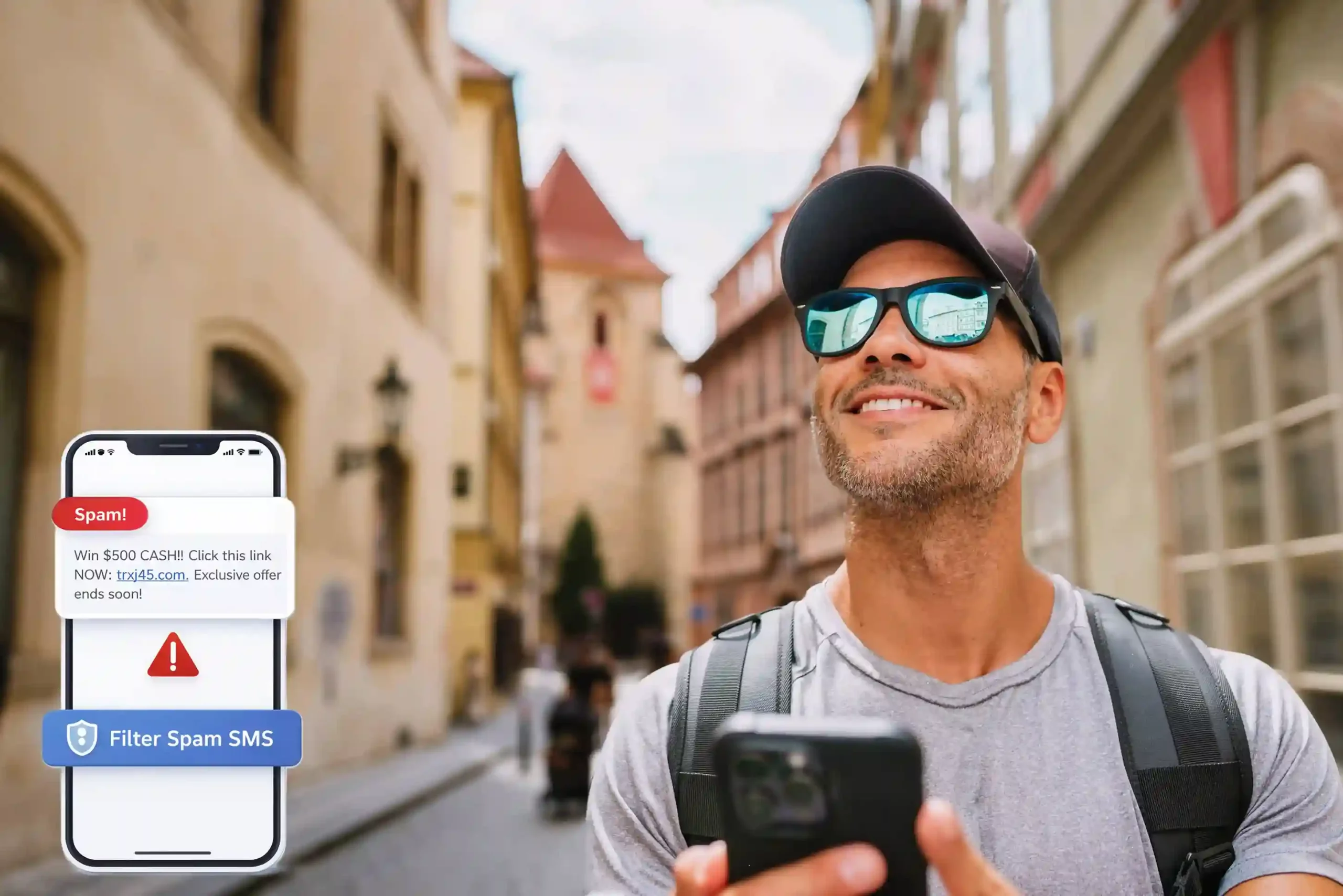 A customer confidently uses his phone on the move while a flagged spam message is blocked, illustrating how SMS Filter works quietly in the background to manage message flow. A traveler checks his phone while walking through a city street as a spam message is flagged and filtered, showing how SMS Filter keeps unwanted messages from interrupting daily communication.