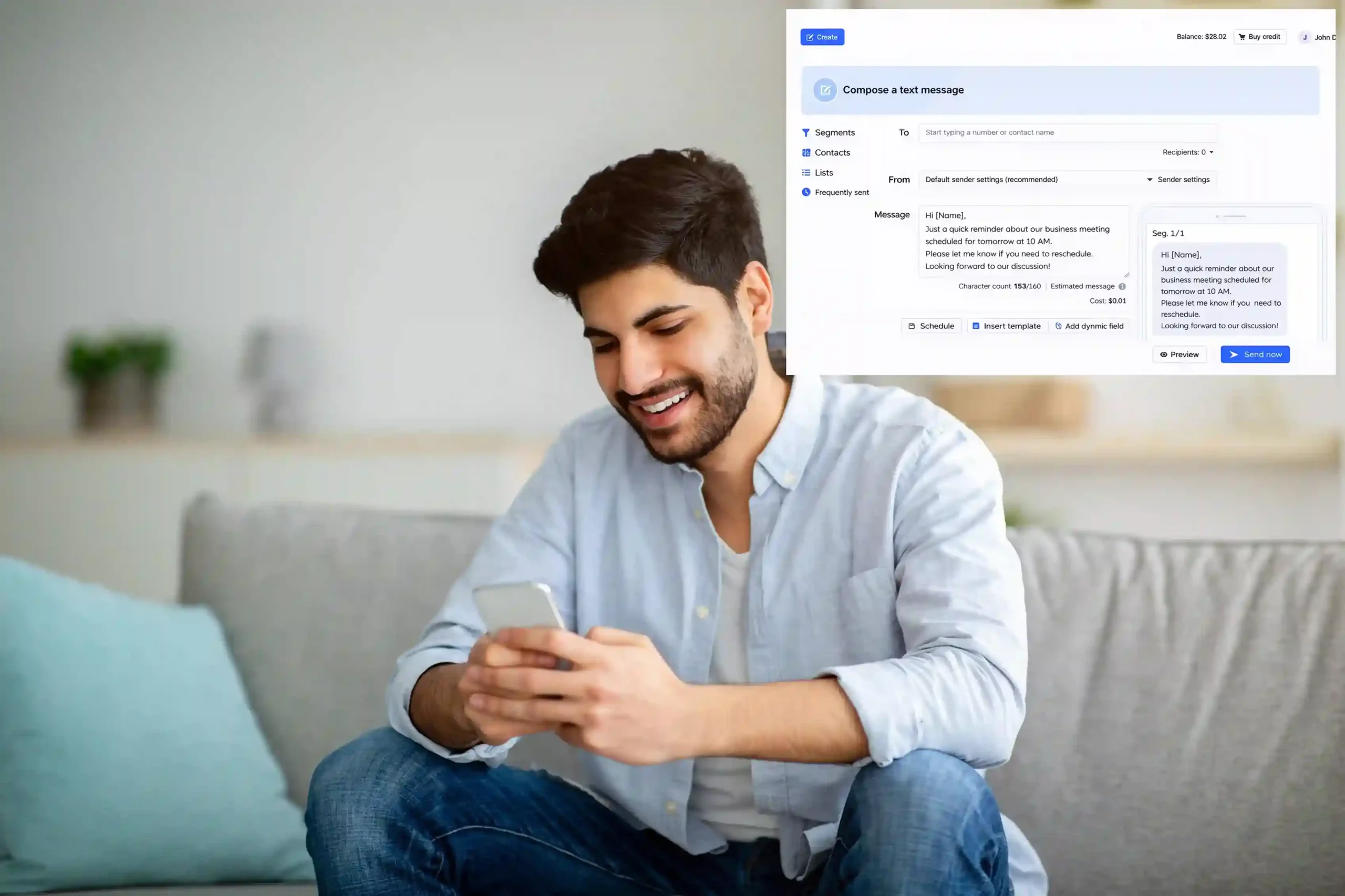 A user smiles while checking a business message as segmented contact groups are visible on screen, illustrating how SMS Segments improve relevance in customer communication. A business professional reviews messages on his phone while an SMS segmentation dashboard appears beside him, showing how contacts are grouped to deliver relevant business updates.