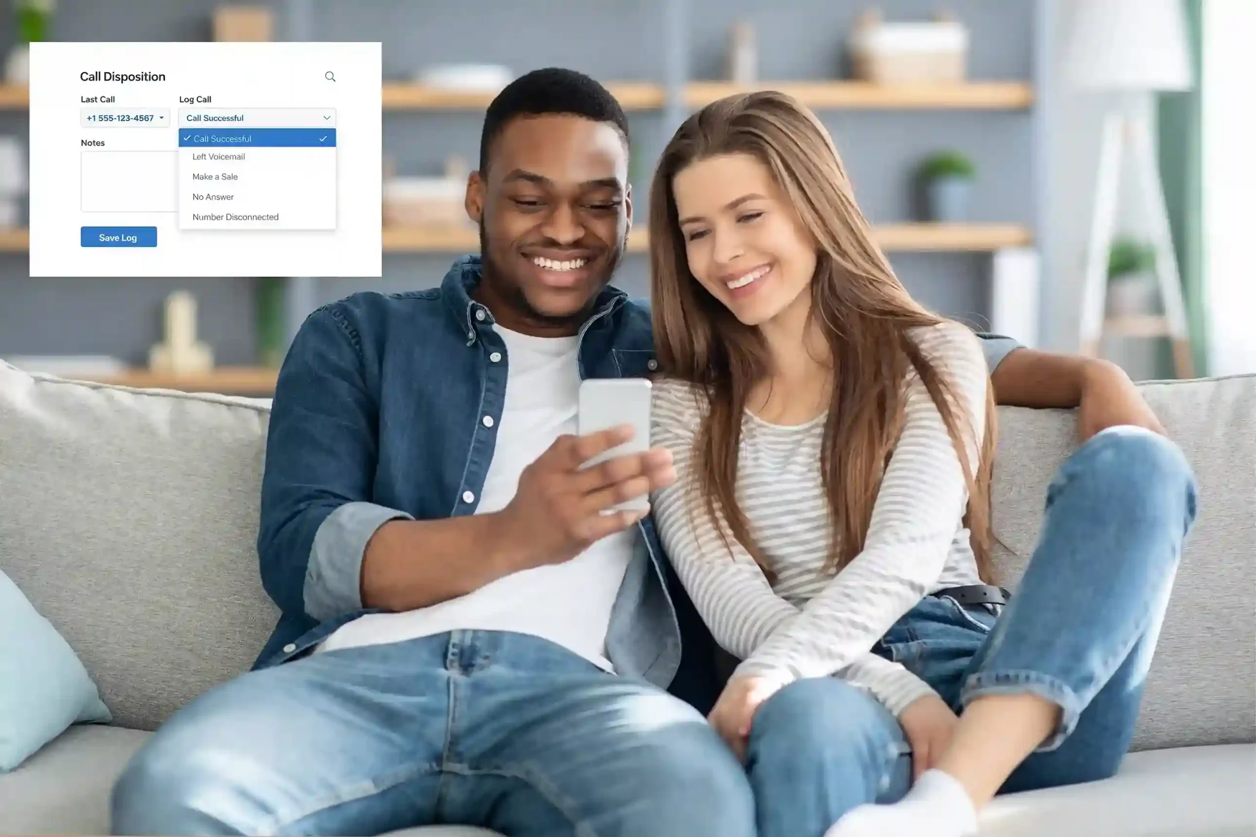 A couple checks call information on a phone as a structured call result is selected in the background, illustrating how outcomes are logged immediately after conversations. Two people review call details on a mobile device while a call outcome is clearly logged in the system, reflecting how agents capture results consistently after each interaction.