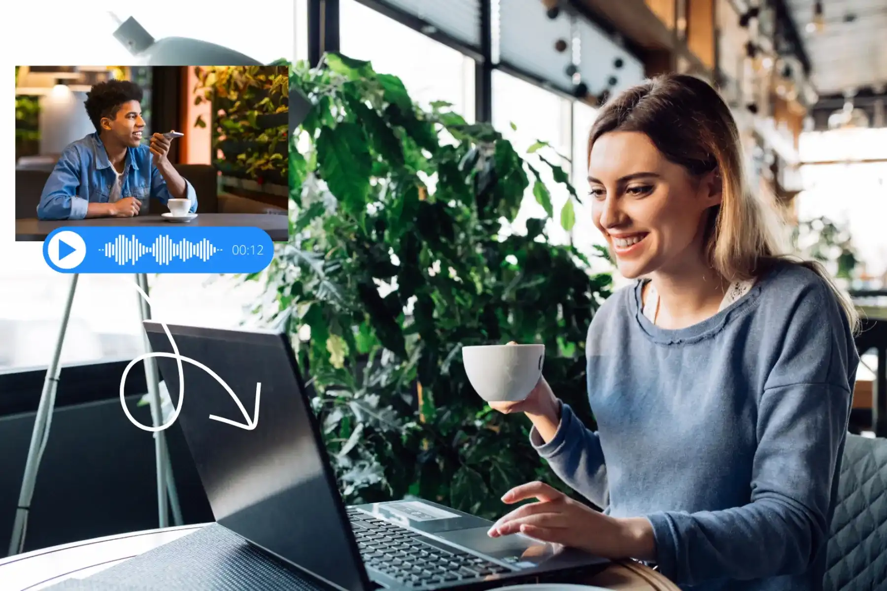 A remote employee listens to a voicemail audio file delivered to email while continuing daily work from a laptop in a comfortable workspace. A professional reviews a voicemail audio preview from her email while working on a laptop, staying responsive without switching communication tools.