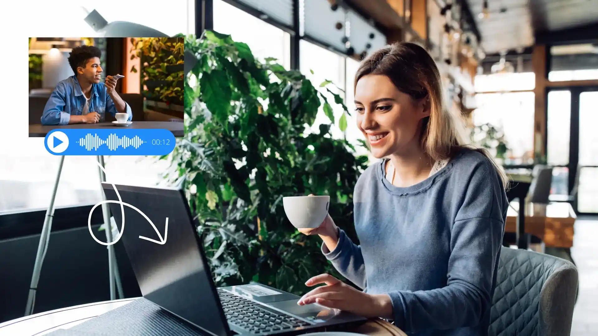 A remote employee listens to a voicemail audio file delivered to email while continuing daily work from a laptop in a comfortable workspace. A professional reviews a voicemail audio preview from her email while working on a laptop, staying responsive without switching communication tools.
