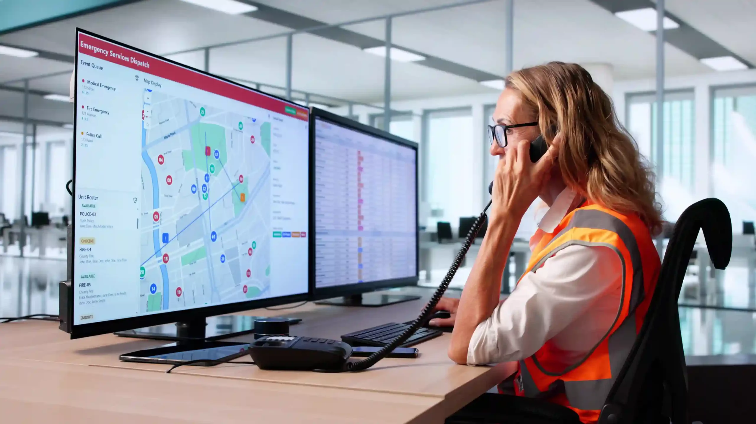 Indosoft unifies mission-critical interactions through AI-enhanced contact center capabilities designed for defense and emergency operations. By centralizing communication channels and automating routing workflows, the platform improves response times, strengthens coordination, and supports confident operational decision-making. An emergency response coordinator monitors live dispatch maps while speaking on a phone, using an integrated communication system that centralizes alerts, routes calls efficiently, and supports coordinated military response operations.