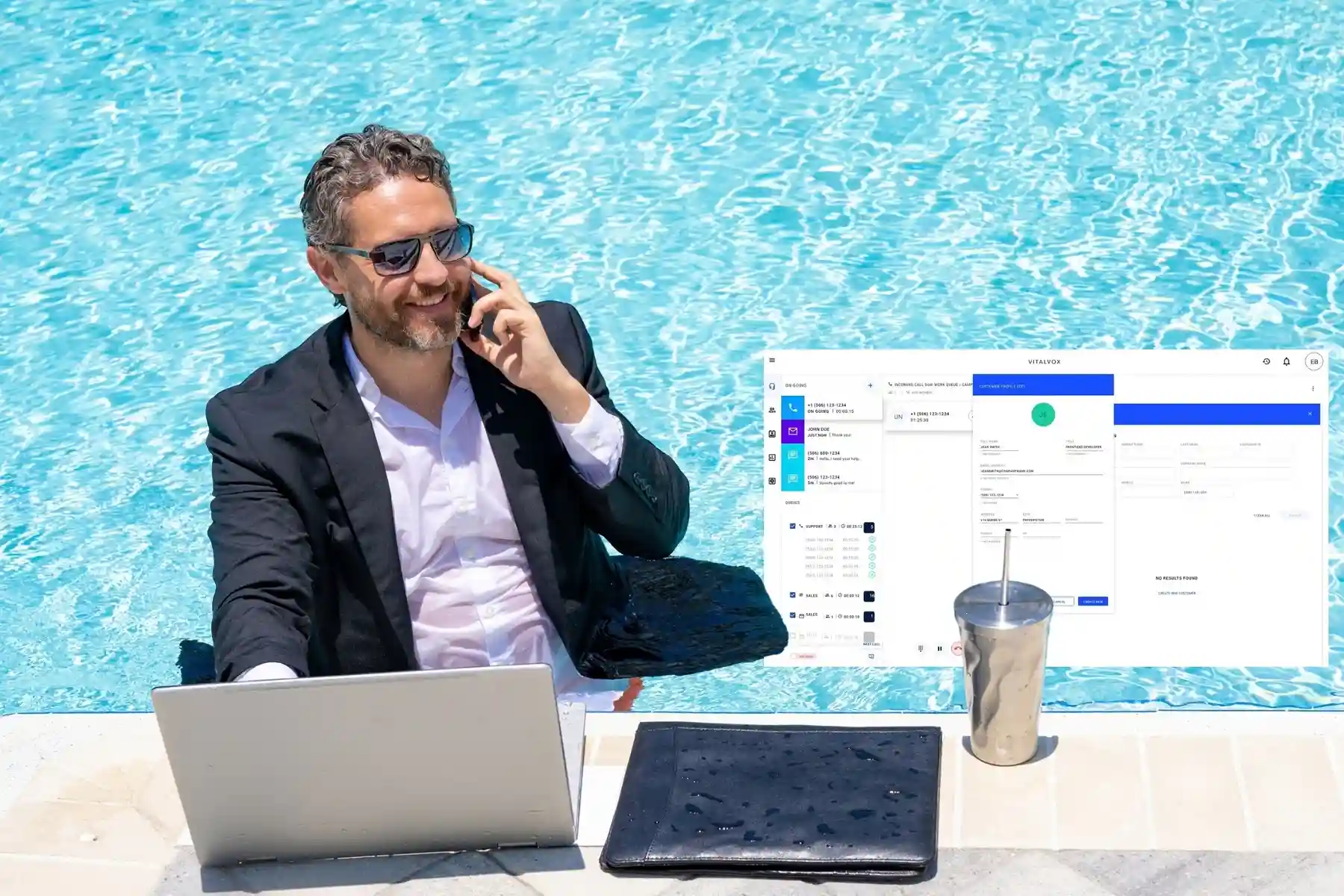Indosoft empowers financial teams with secure, efficient tools that enhance client engagement from onboarding to long-term relationship management. A businessman in a suit works on his laptop while relaxing on the beach, using Indosoft financial solutions to securely close a client deal remotely.