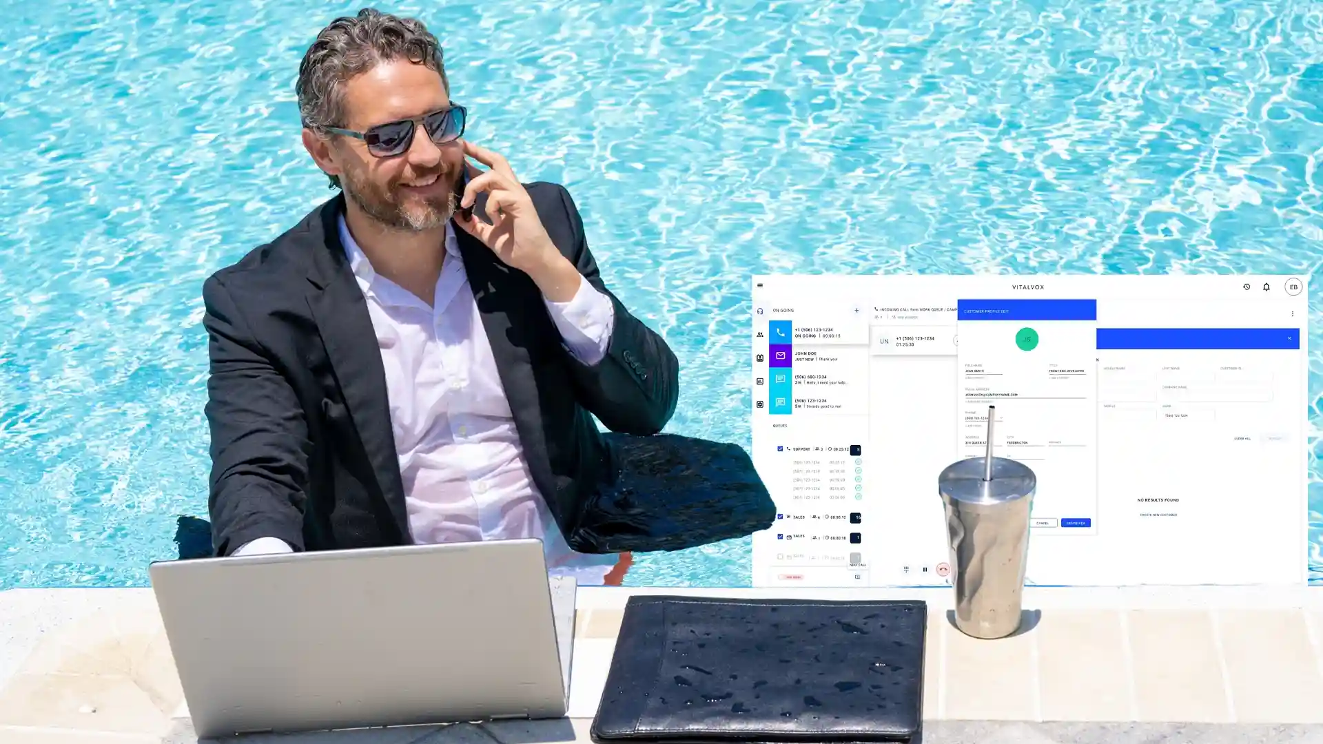 Indosoft empowers financial teams with secure, efficient tools that enhance client engagement from onboarding to long-term relationship management. A businessman in a suit works on his laptop while relaxing on the beach, using Indosoft financial solutions to securely close a client deal remotely.
