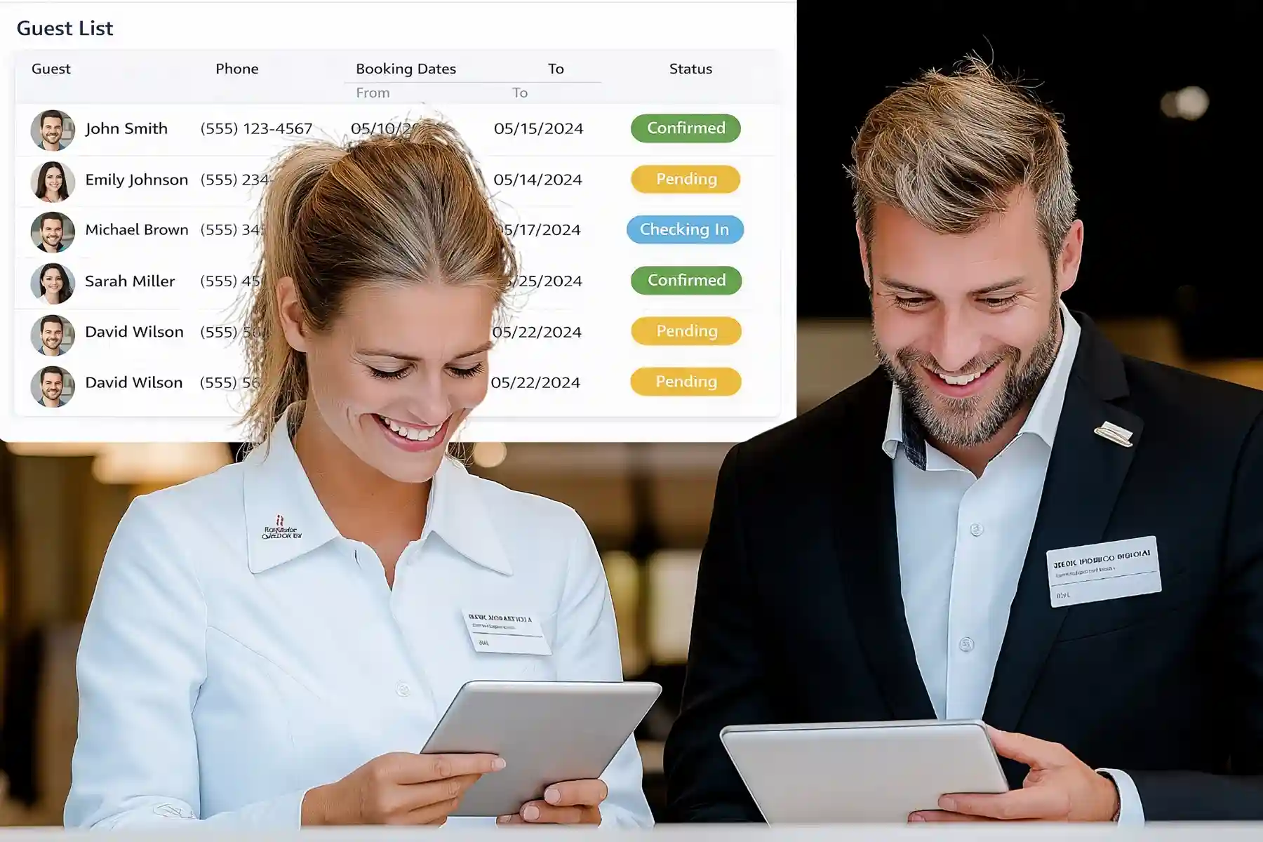 A front desk staff member assists a guest by verifying booking details and contact information on a shared interface, demonstrating how Indosoft centralizes guest interactions for better hospitality experiences. Hotel employees use Indosoft’s hospitality platform on tablets to review reservations and coordinate guest services in a contemporary hotel lobby.