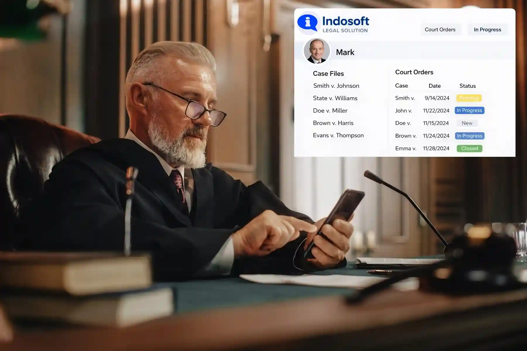 Judge on a break uses Indosoft’s AI legal solution to communicate with lawyers and staff, checking case progress and court updates securely. A judge during a coffee break uses Indosoft’s AI-powered legal communication platform to securely connect with law personnel and review court orders.
